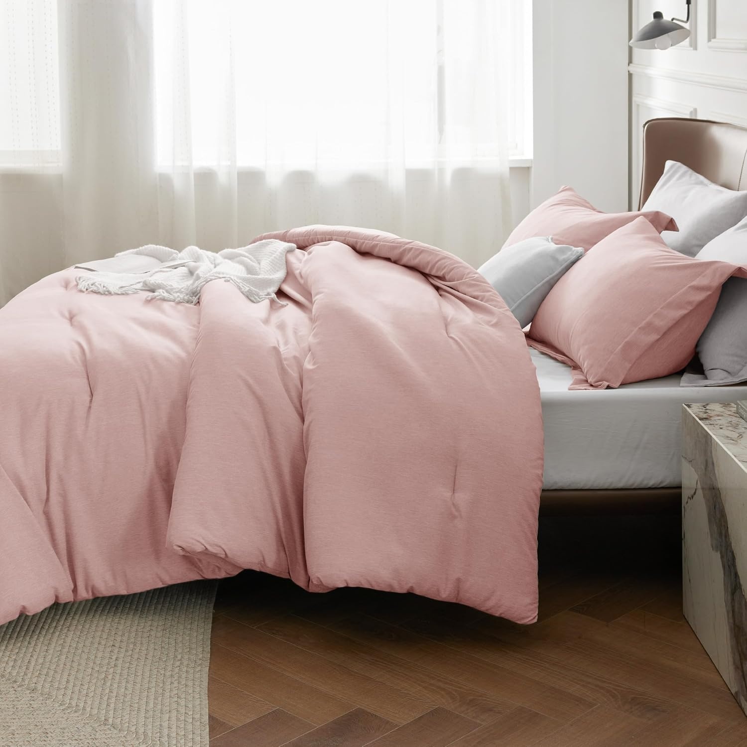 image:imageBedsure Grey Queen Comforter Set Soft Cationic Dyed Bedding Set 3 Pcs Breathable Comfortable for All Season SkinFriendly Melange Home Decor Gift Bed Set Cozy for Bedroom OEKO Modern06 Pink Melange