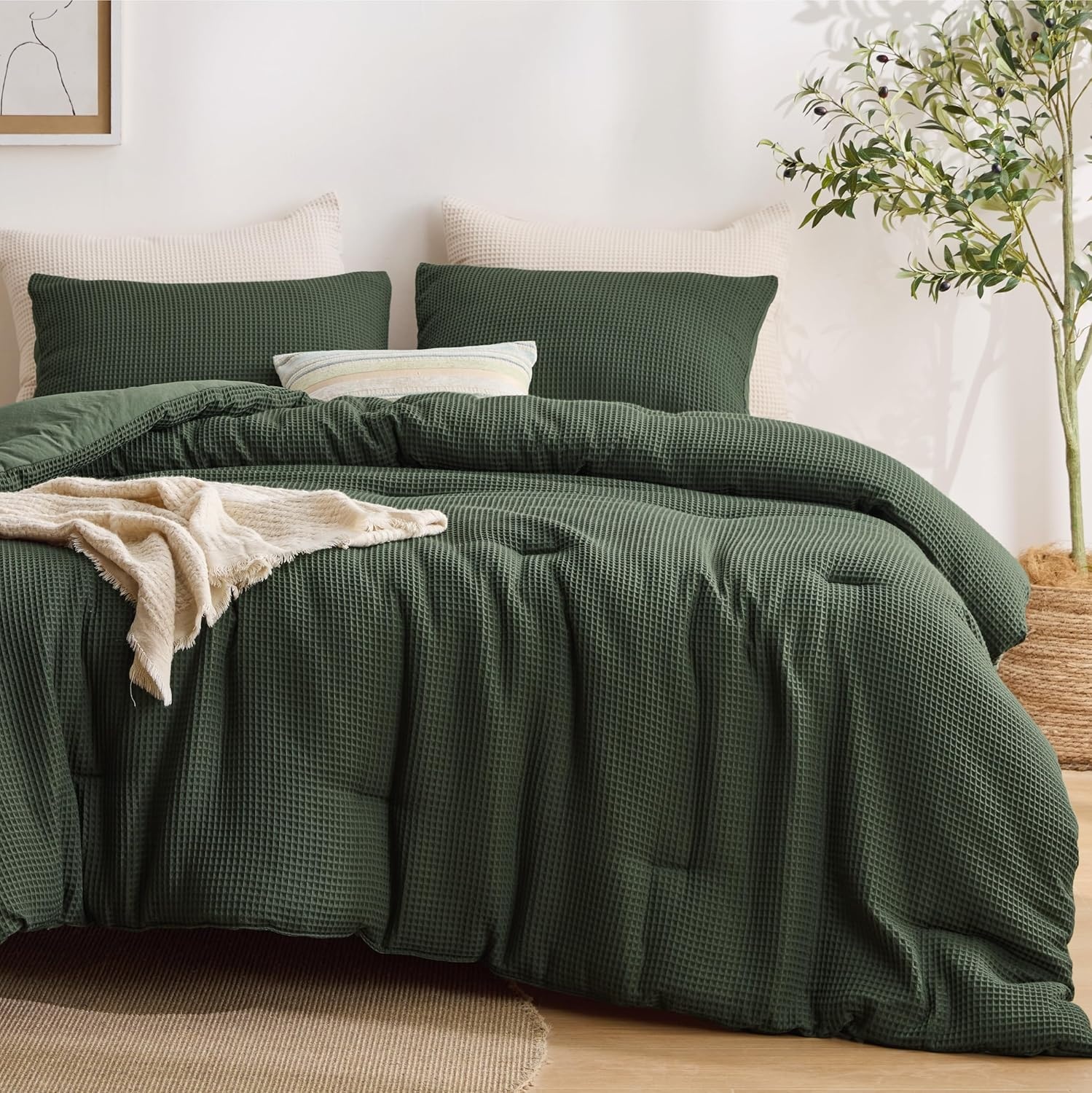 image:imageBedsure Oliver Green Queen Bedding Comforter Set Waffle Breathable Bedding Set All Season Comforter with 3 Pieces 1 Waffle Weave Comforter 90x90 and 2 Pillowcases 20x26Oliver Green