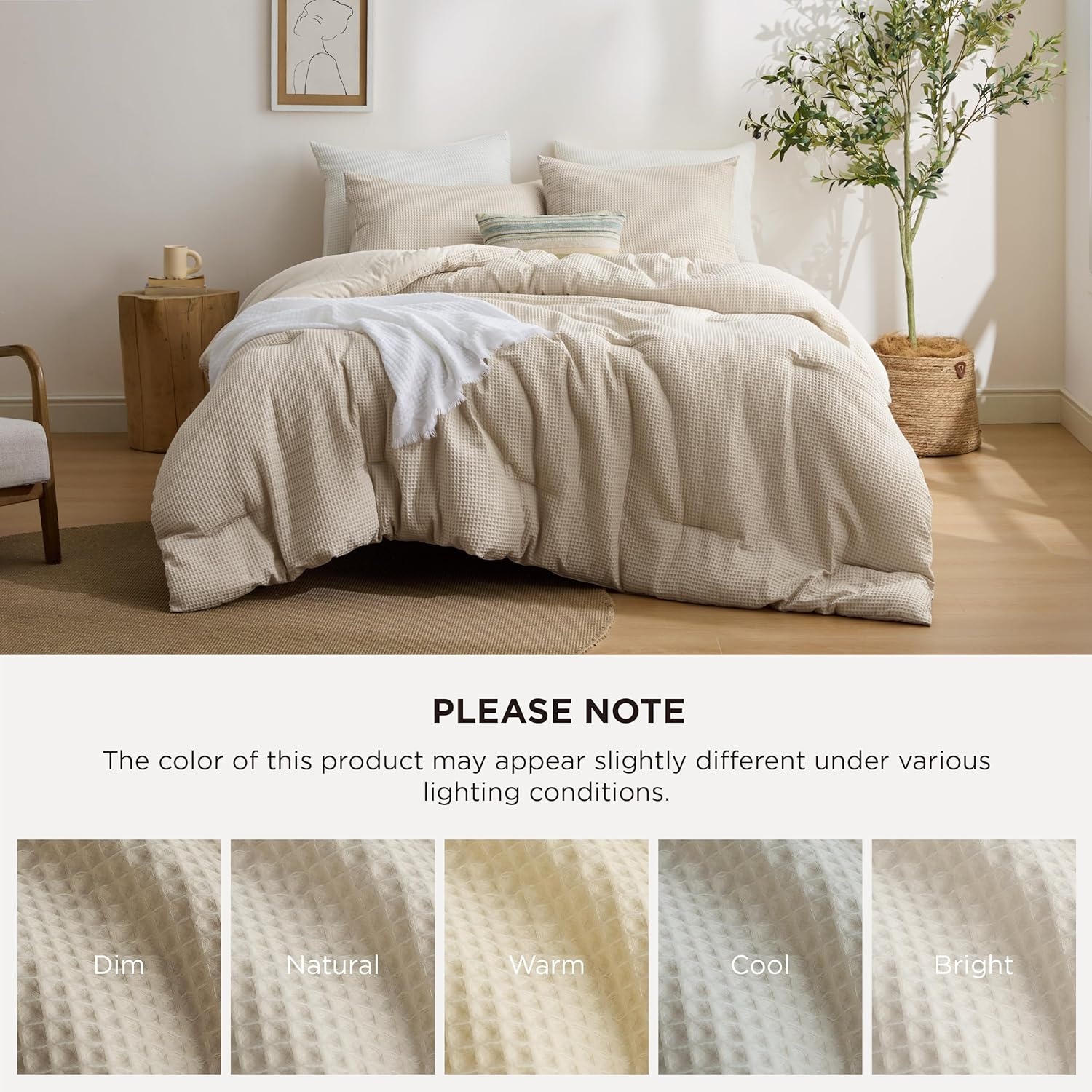 image:imageBedsure Oliver Green Queen Bedding Comforter Set Waffle Breathable Bedding Set All Season Comforter with 3 Pieces 1 Waffle Weave Comforter 90x90 and 2 Pillowcases 20x26Beige