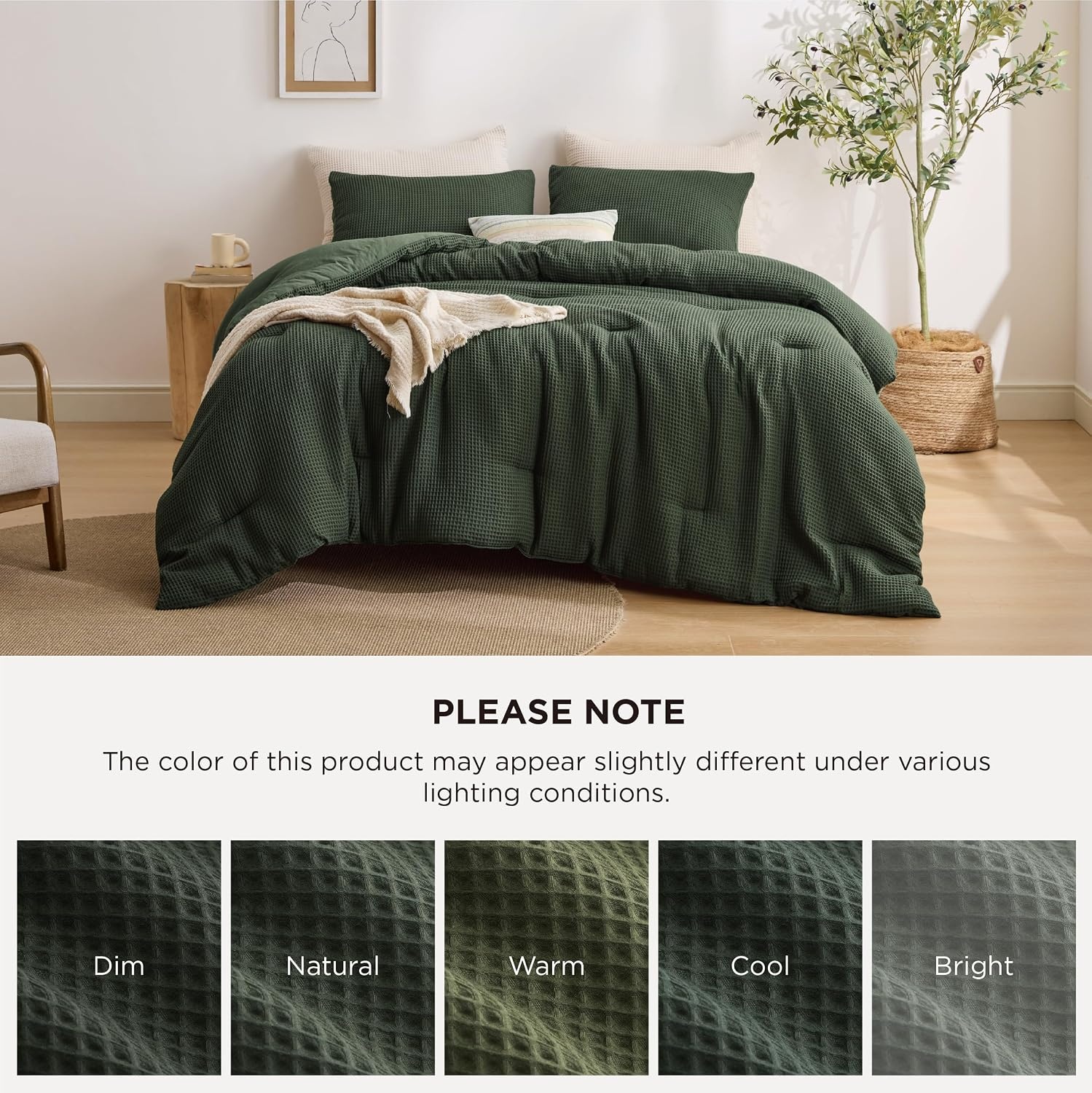 image:imageBedsure Oliver Green Queen Bedding Comforter Set Waffle Breathable Bedding Set All Season Comforter with 3 Pieces 1 Waffle Weave Comforter 90x90 and 2 Pillowcases 20x26Oliver Green