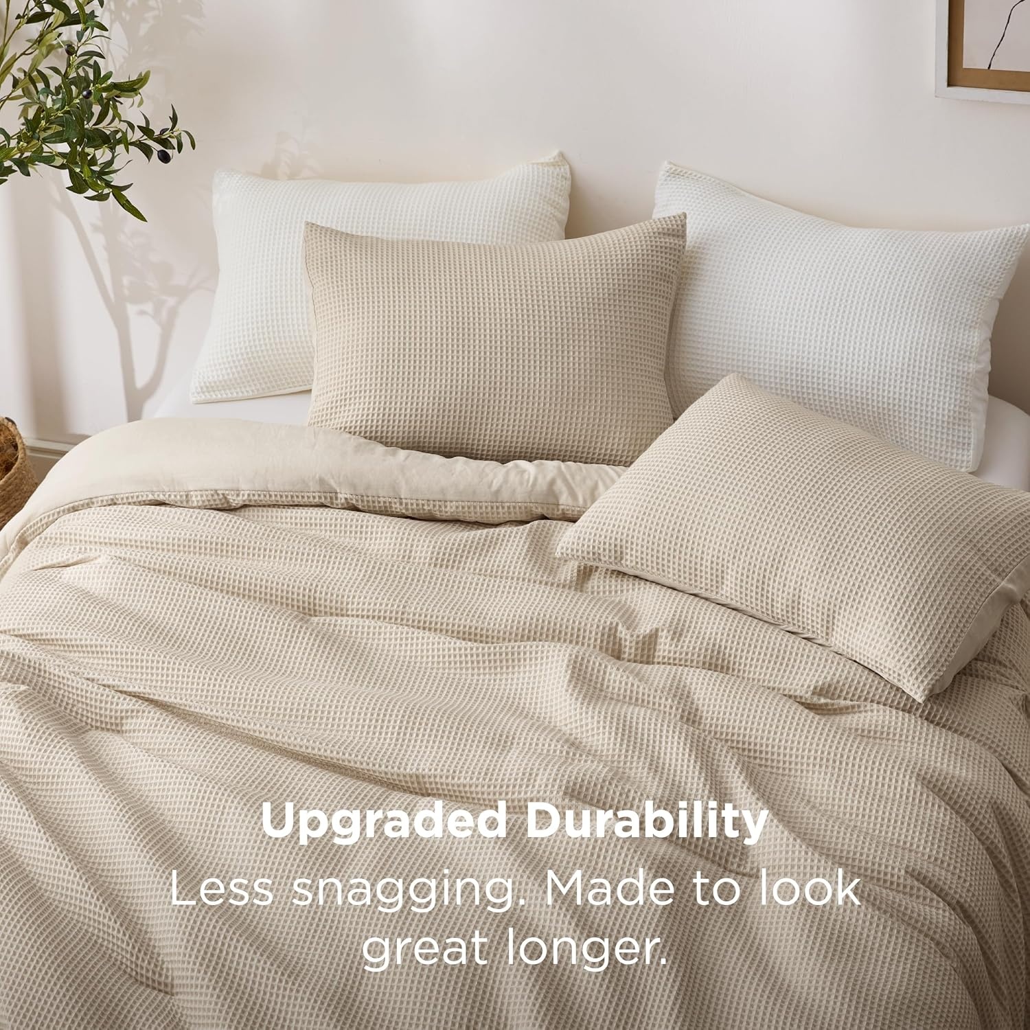 image:imageBedsure Oliver Green Queen Bedding Comforter Set Waffle Breathable Bedding Set All Season Comforter with 3 Pieces 1 Waffle Weave Comforter 90x90 and 2 Pillowcases 20x26Beige