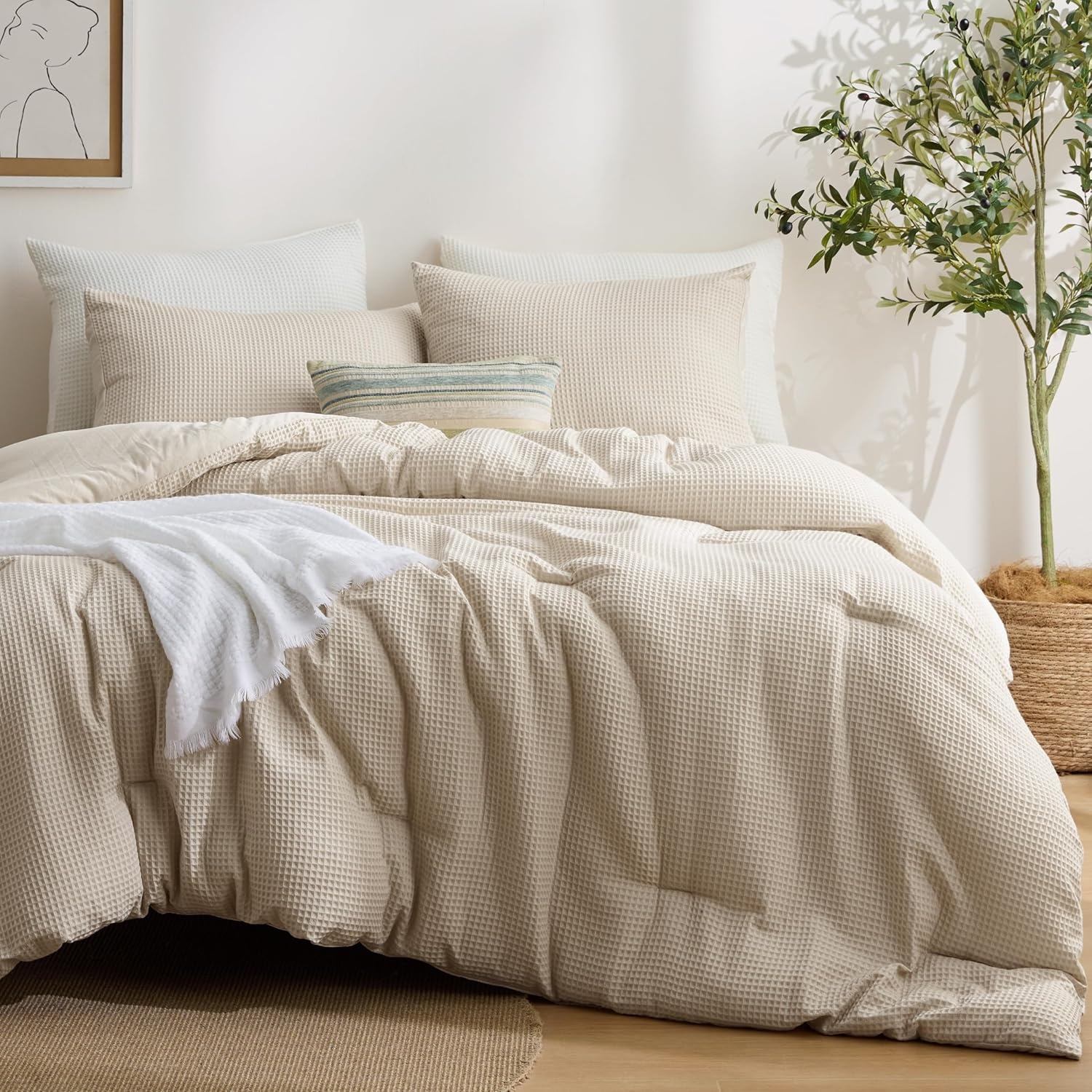image:imageBedsure Oliver Green Queen Bedding Comforter Set Waffle Breathable Bedding Set All Season Comforter with 3 Pieces 1 Waffle Weave Comforter 90x90 and 2 Pillowcases 20x26Beige
