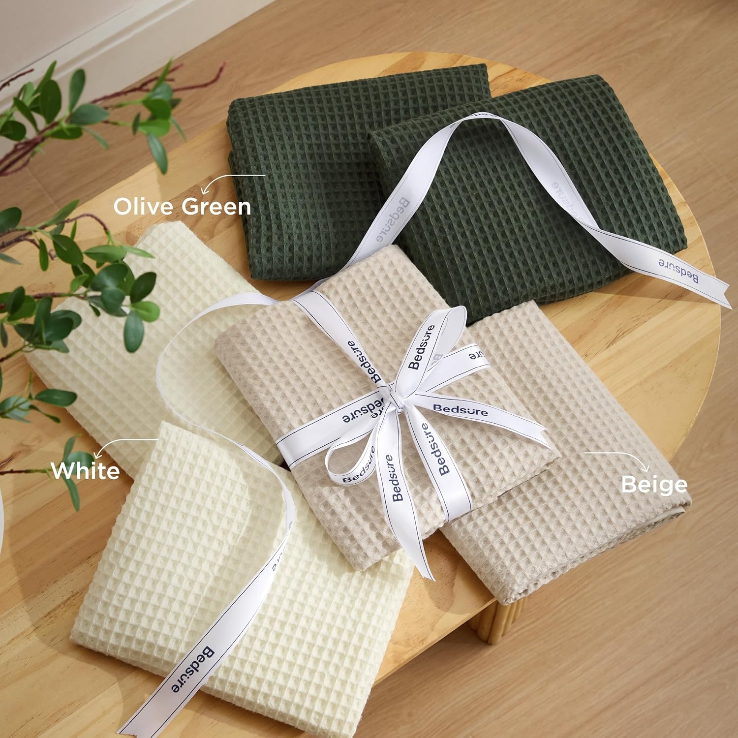 image:imageBedsure Oliver Green Queen Bedding Comforter Set Waffle Breathable Bedding Set All Season Comforter with 3 Pieces 1 Waffle Weave Comforter 90x90 and 2 Pillowcases 20x26Beige