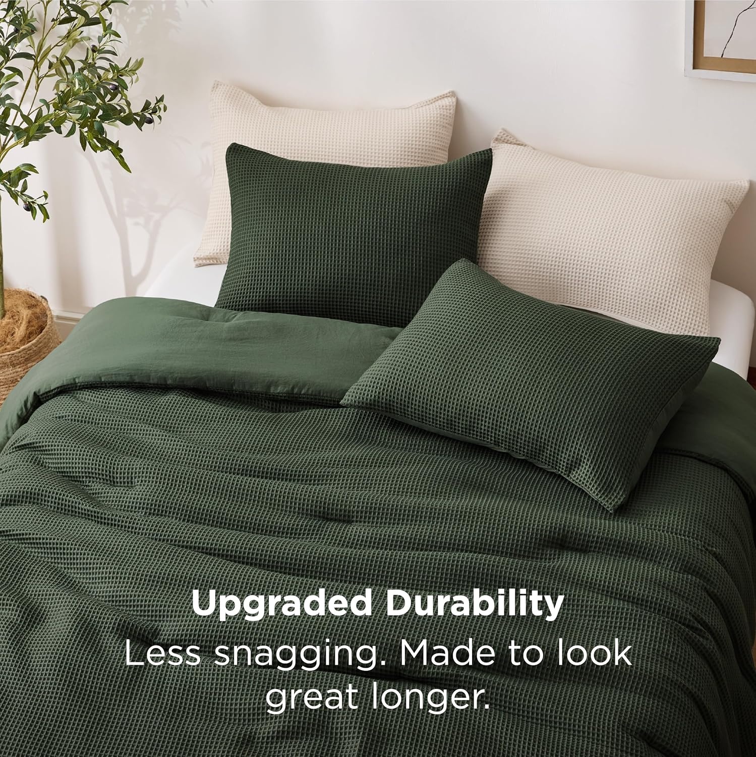 image:imageBedsure Oliver Green Queen Bedding Comforter Set Waffle Breathable Bedding Set All Season Comforter with 3 Pieces 1 Waffle Weave Comforter 90x90 and 2 Pillowcases 20x26Oliver Green
