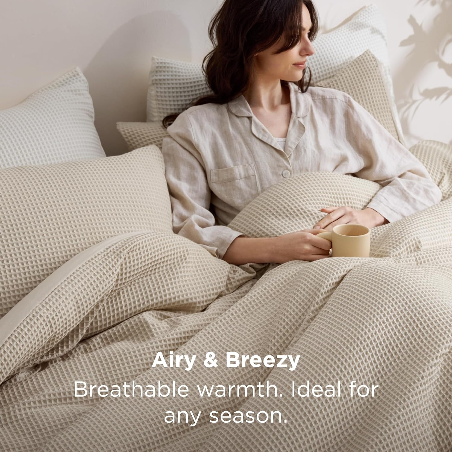 image:imageBedsure Oliver Green Queen Bedding Comforter Set Waffle Breathable Bedding Set All Season Comforter with 3 Pieces 1 Waffle Weave Comforter 90x90 and 2 Pillowcases 20x26Beige