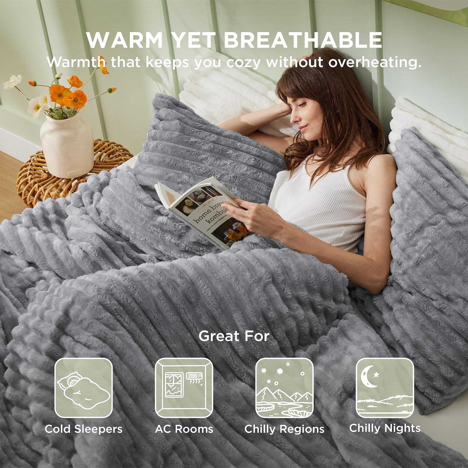 image:imageBedsure Queen Fluffy Comforter Set GentleSoft 3 Pieces Luxury Fleece Bed Olive Green Bedding Cozy Room Decor Aesthetic 1 Queen Bed Comforter 90x90 and 2 Pillowcases 20x2604 Grey