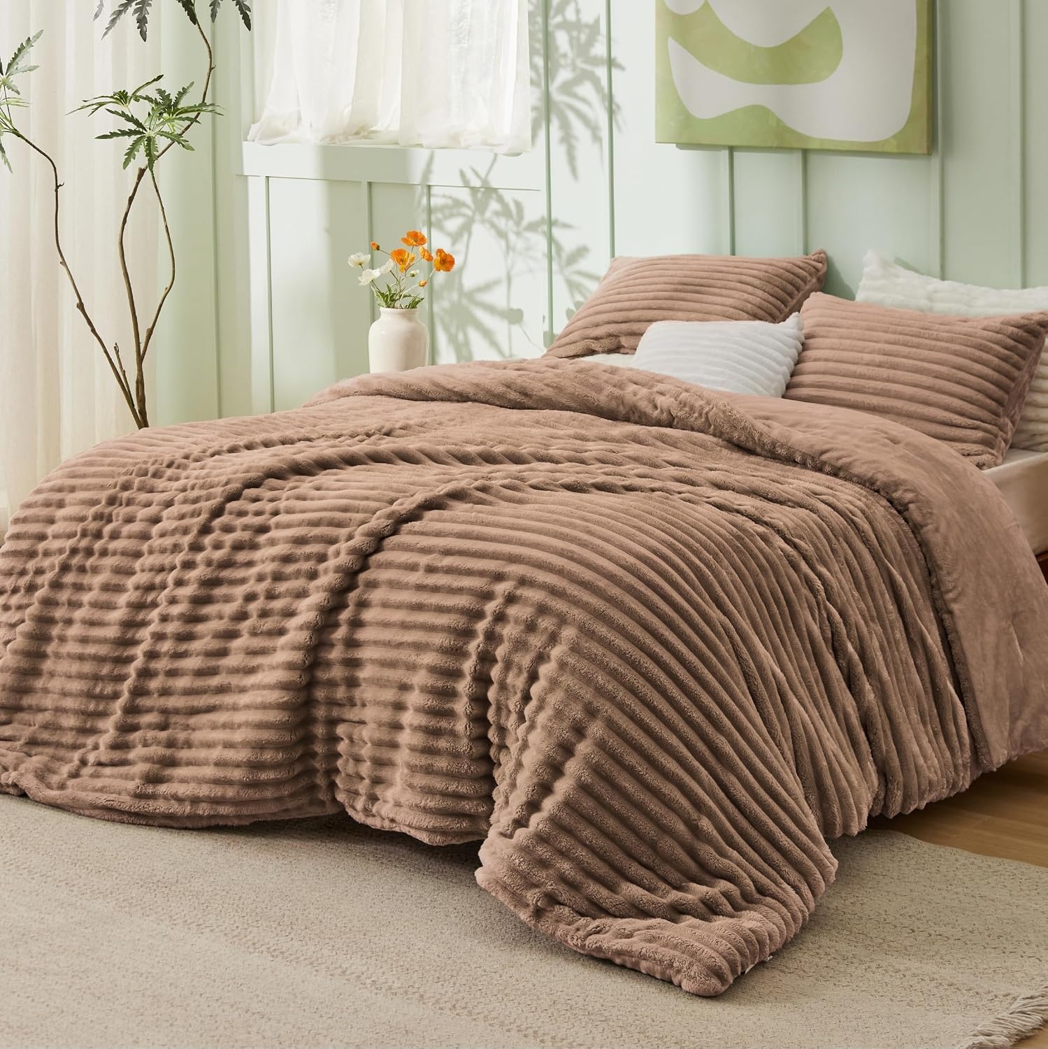 image:imageBedsure Queen Fluffy Comforter Set GentleSoft 3 Pieces Luxury Fleece Bed Olive Green Bedding Cozy Room Decor Aesthetic 1 Queen Bed Comforter 90x90 and 2 Pillowcases 20x2609 Warm Taupe