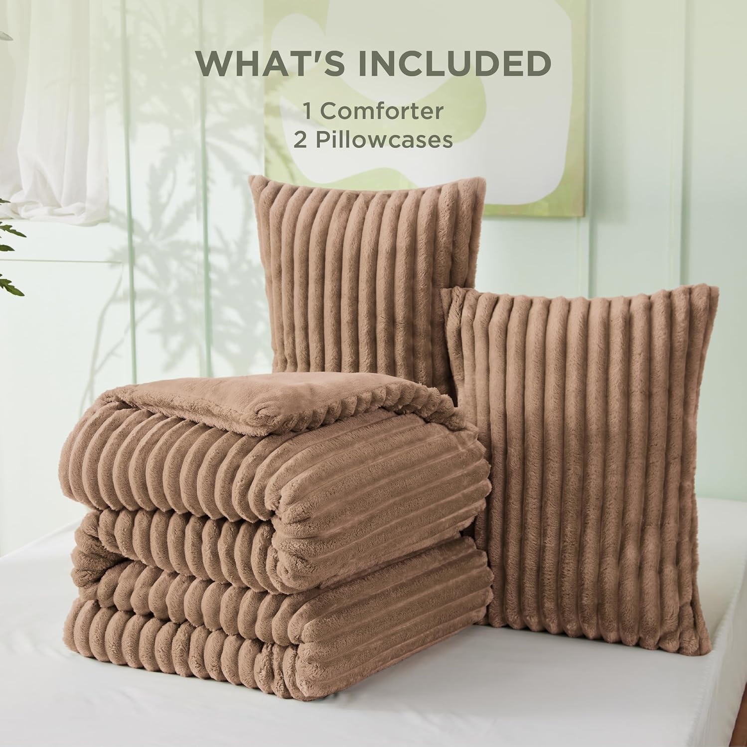 image:imageBedsure Queen Fluffy Comforter Set GentleSoft 3 Pieces Luxury Fleece Bed Olive Green Bedding Cozy Room Decor Aesthetic 1 Queen Bed Comforter 90x90 and 2 Pillowcases 20x2609 Warm Taupe