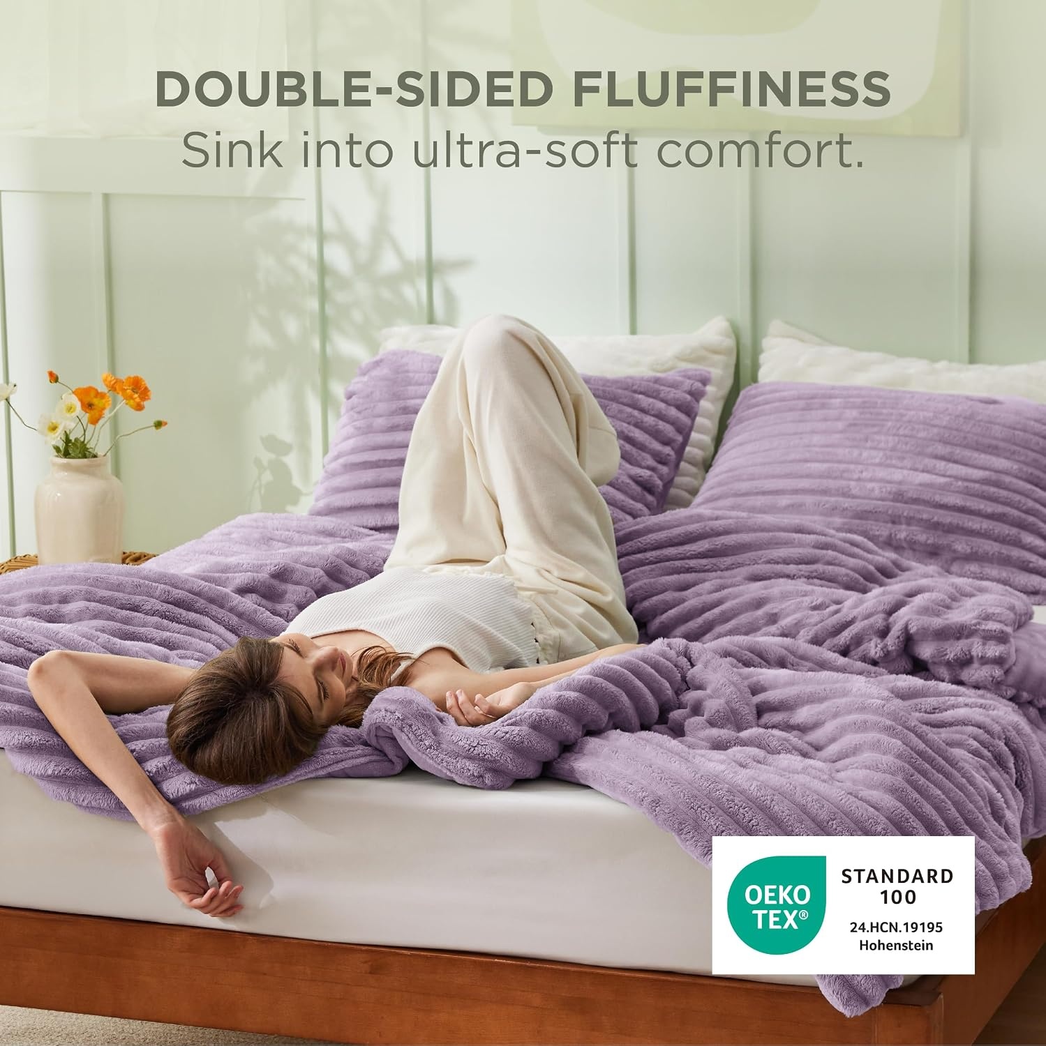 image:imageBedsure Queen Fluffy Comforter Set GentleSoft 3 Pieces Luxury Fleece Bed Olive Green Bedding Cozy Room Decor Aesthetic 1 Queen Bed Comforter 90x90 and 2 Pillowcases 20x2610 Lavender
