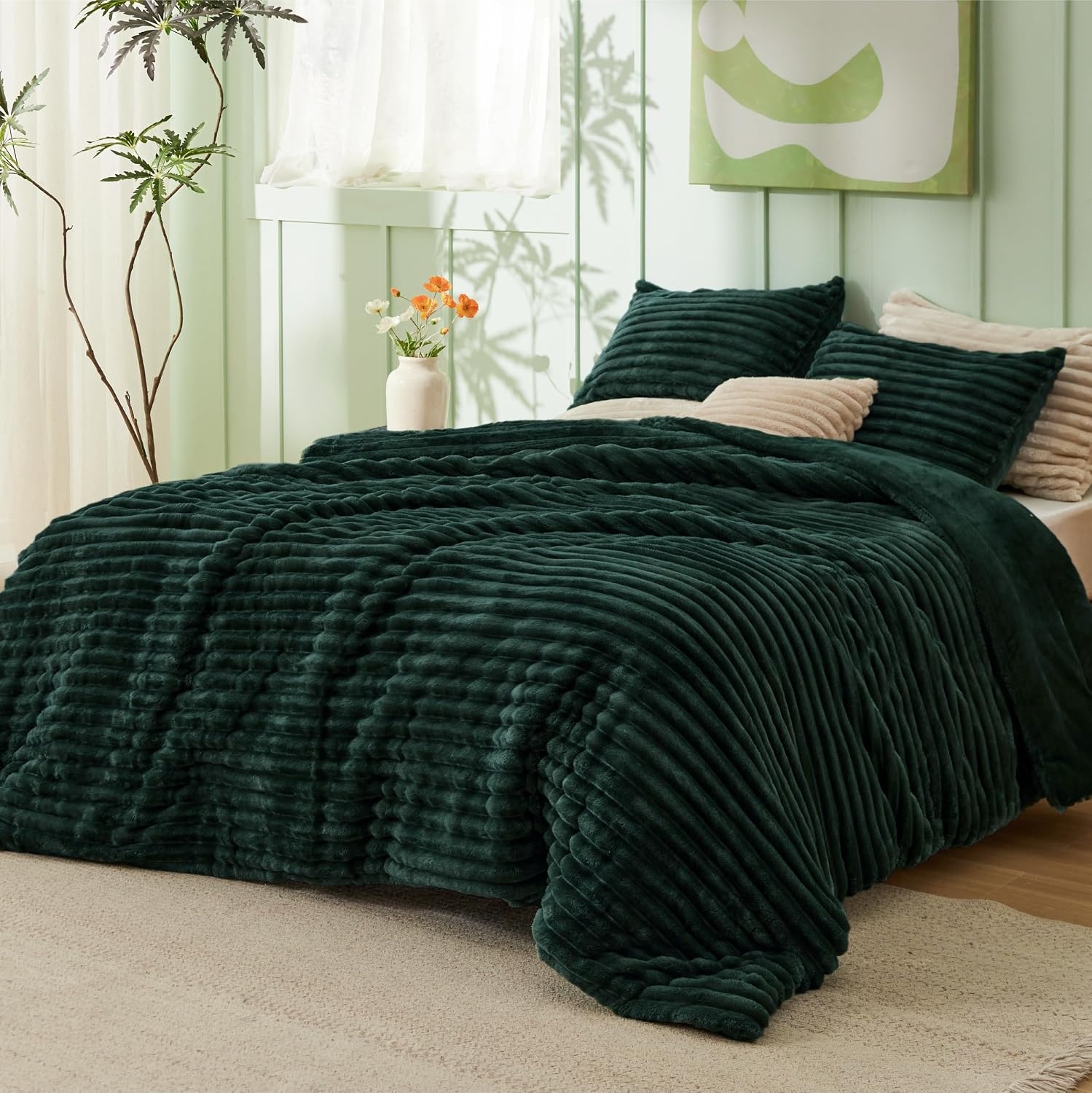 image:imageBedsure Queen Fluffy Comforter Set GentleSoft 3 Pieces Luxury Fleece Bed Olive Green Bedding Cozy Room Decor Aesthetic 1 Queen Bed Comforter 90x90 and 2 Pillowcases 20x2607 Emerald