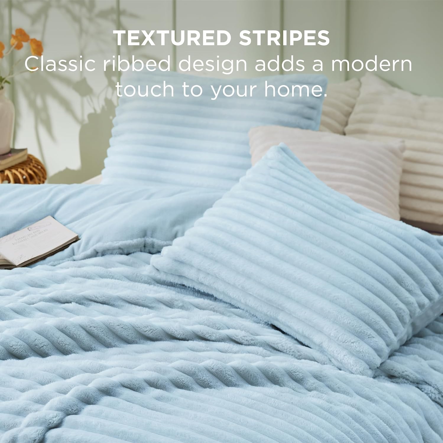 image:imageBedsure Queen Fluffy Comforter Set GentleSoft 3 Pieces Luxury Fleece Bed Olive Green Bedding Cozy Room Decor Aesthetic 1 Queen Bed Comforter 90x90 and 2 Pillowcases 20x2613 Light Blue