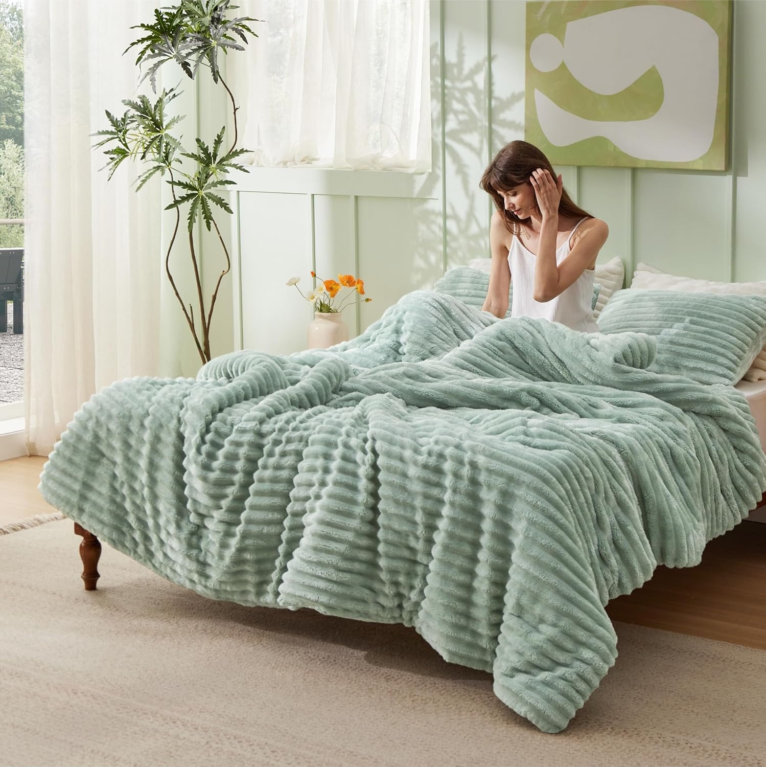 image:imageBedsure Queen Fluffy Comforter Set GentleSoft 3 Pieces Luxury Fleece Bed Olive Green Bedding Cozy Room Decor Aesthetic 1 Queen Bed Comforter 90x90 and 2 Pillowcases 20x2608 Sage Green