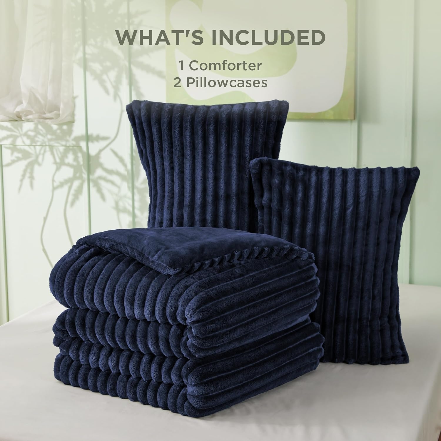 image:imageBedsure Queen Fluffy Comforter Set GentleSoft 3 Pieces Luxury Fleece Bed Olive Green Bedding Cozy Room Decor Aesthetic 1 Queen Bed Comforter 90x90 and 2 Pillowcases 20x2612 Navy
