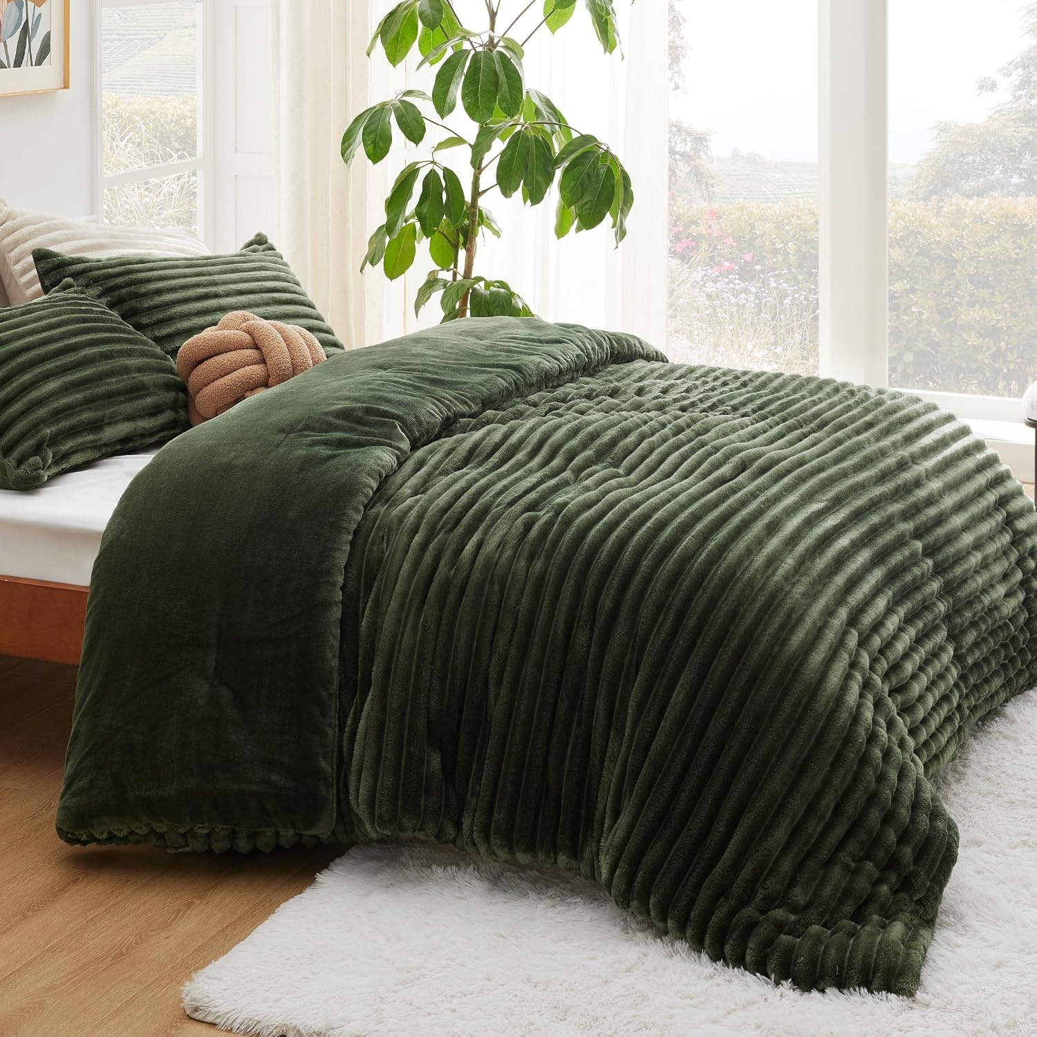 image:imageBedsure Queen Fluffy Comforter Set GentleSoft 3 Pieces Luxury Fleece Bed Olive Green Bedding Cozy Room Decor Aesthetic 1 Queen Bed Comforter 90x90 and 2 Pillowcases 20x2616 Olive Green