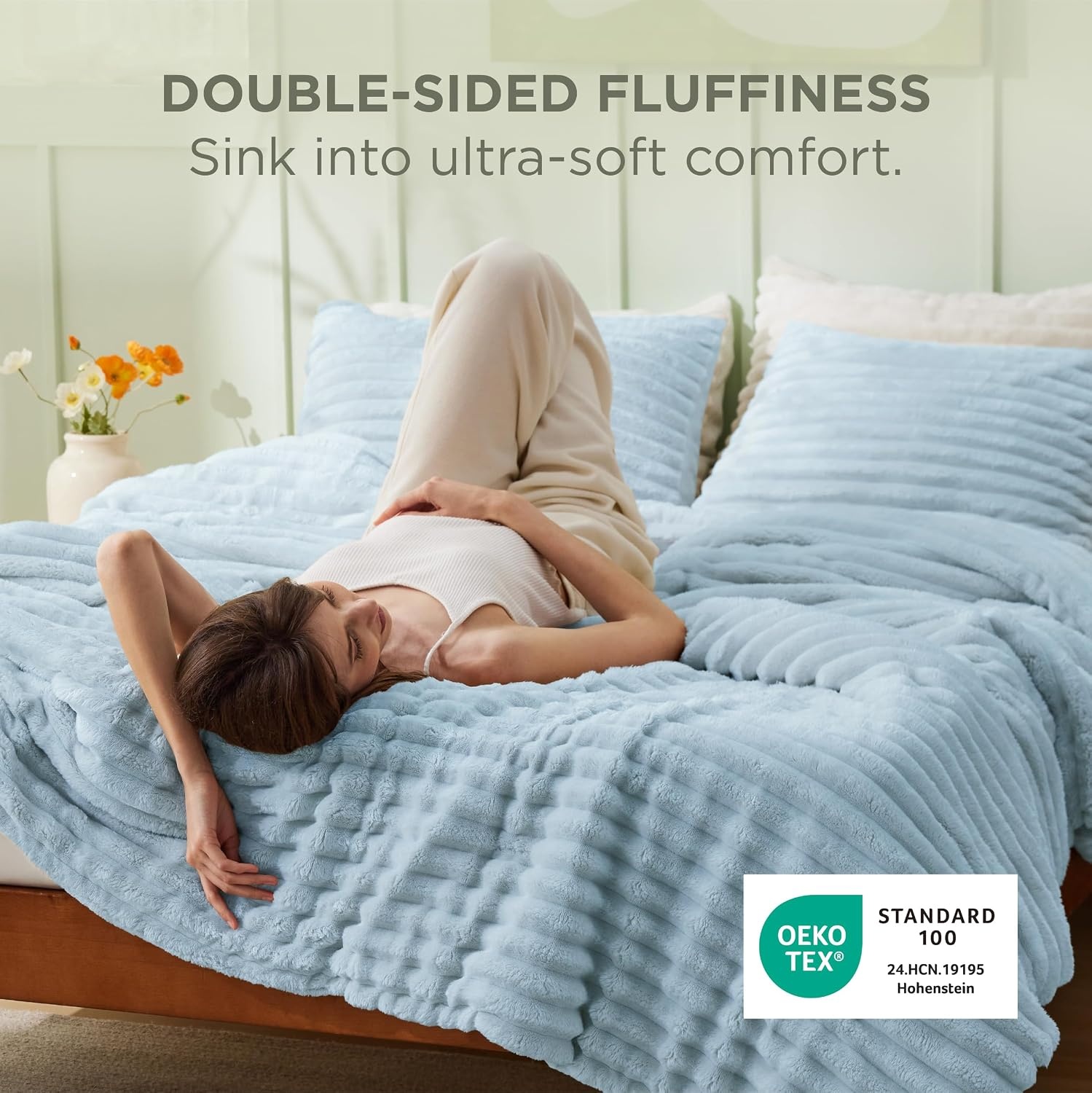 image:imageBedsure Queen Fluffy Comforter Set GentleSoft 3 Pieces Luxury Fleece Bed Olive Green Bedding Cozy Room Decor Aesthetic 1 Queen Bed Comforter 90x90 and 2 Pillowcases 20x2613 Light Blue