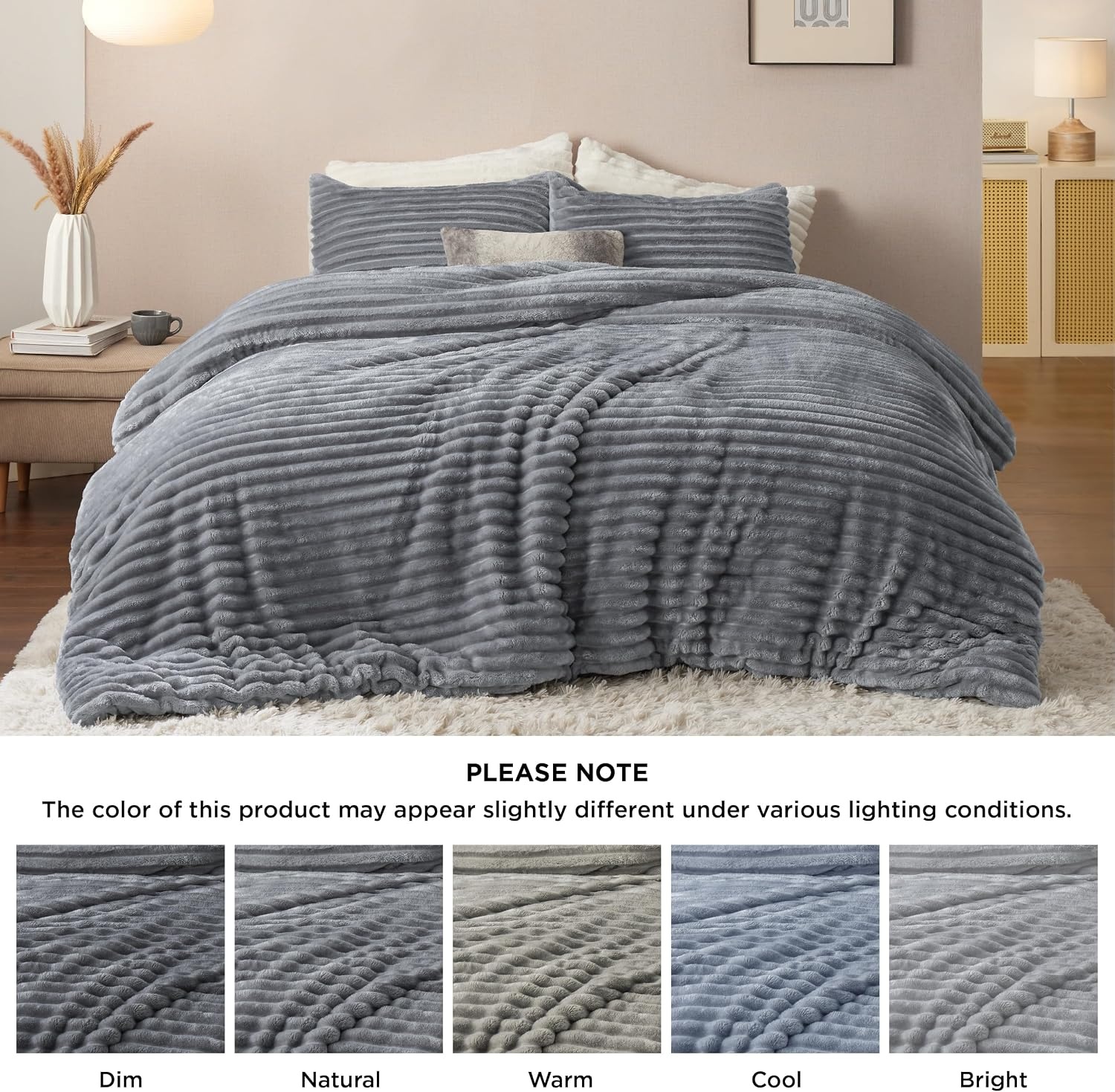 image:imageBedsure Queen Fluffy Comforter Set GentleSoft 3 Pieces Luxury Fleece Bed Olive Green Bedding Cozy Room Decor Aesthetic 1 Queen Bed Comforter 90x90 and 2 Pillowcases 20x2604 Grey