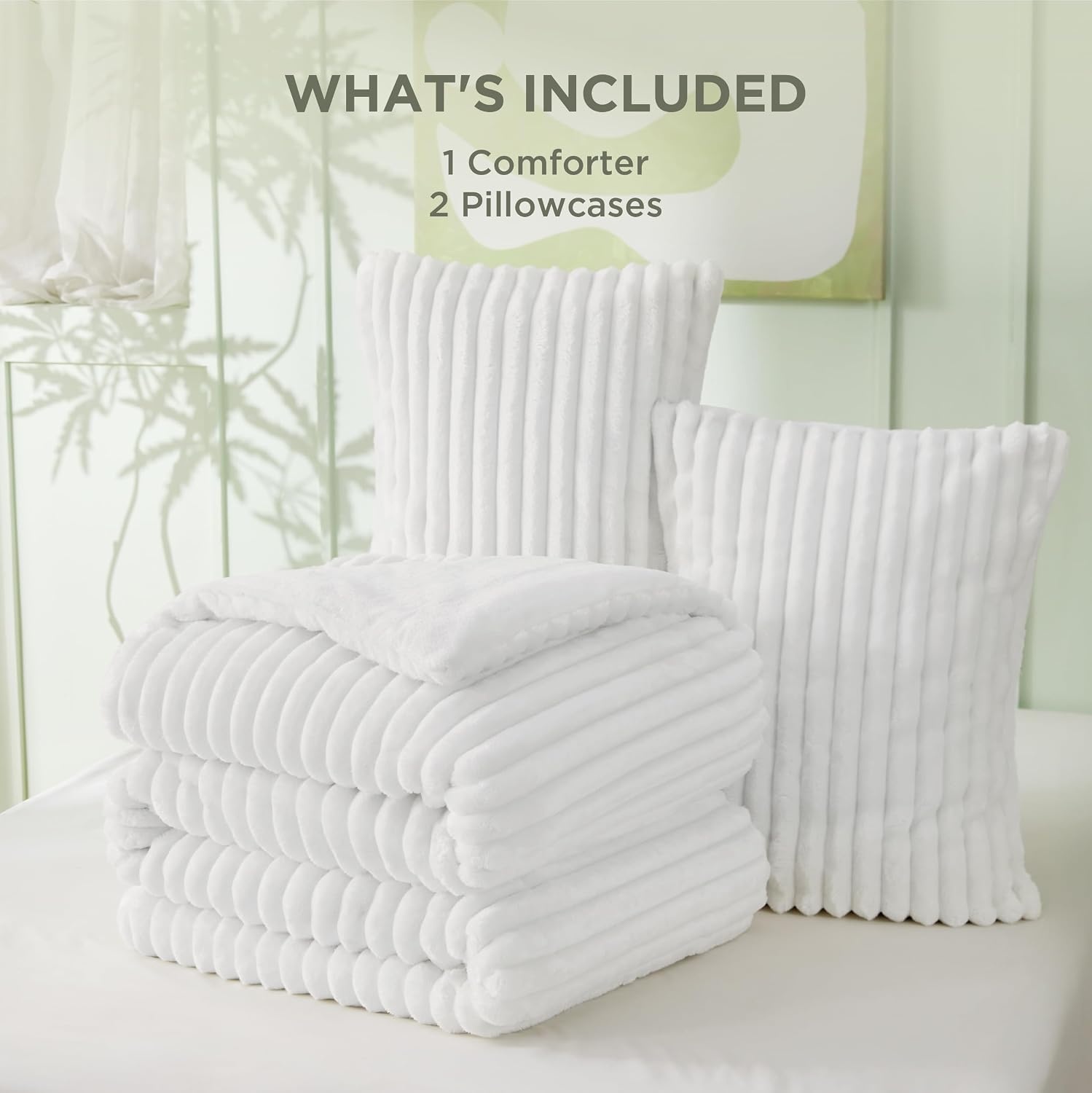 image:imageBedsure Queen Fluffy Comforter Set GentleSoft 3 Pieces Luxury Fleece Bed Olive Green Bedding Cozy Room Decor Aesthetic 1 Queen Bed Comforter 90x90 and 2 Pillowcases 20x2605 Bright White