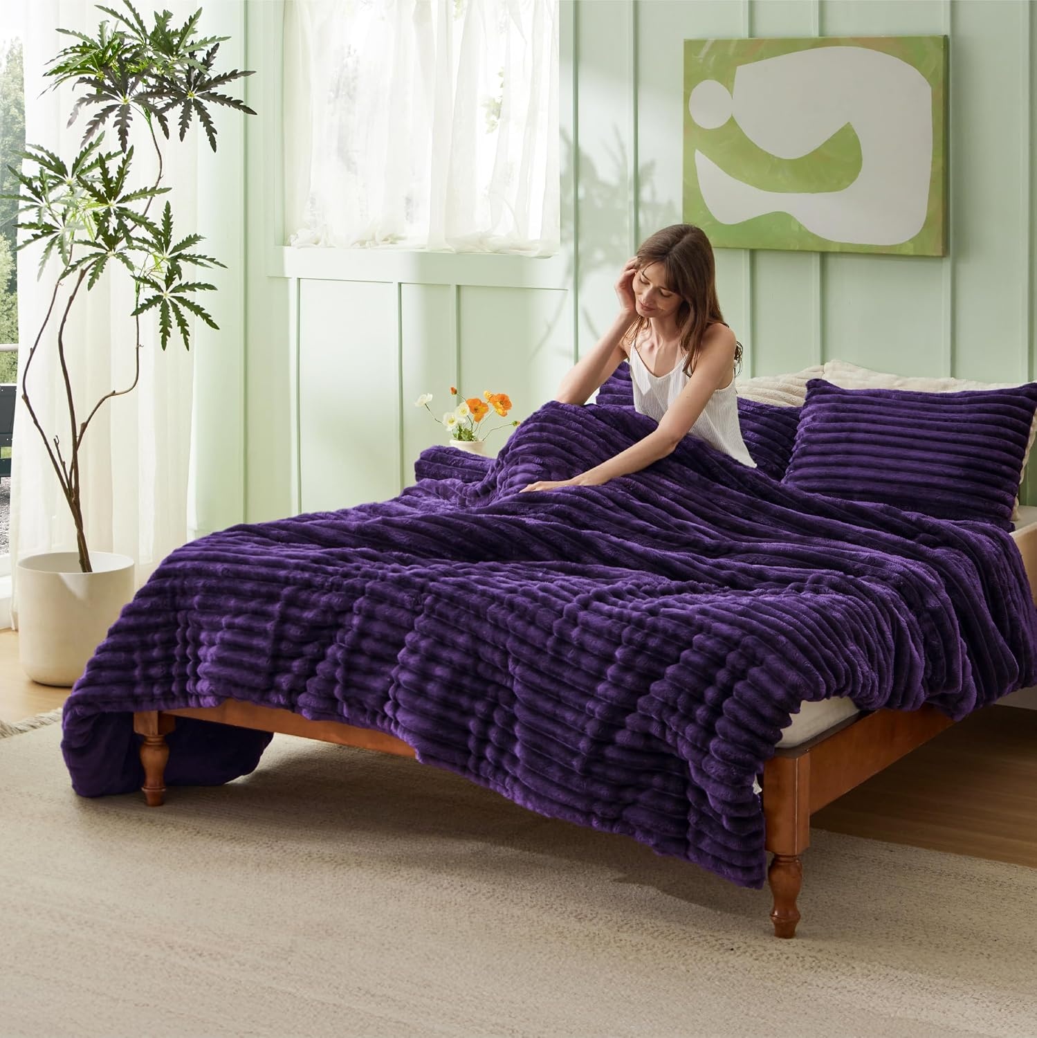 image:imageBedsure Queen Fluffy Comforter Set GentleSoft 3 Pieces Luxury Fleece Bed Olive Green Bedding Cozy Room Decor Aesthetic 1 Queen Bed Comforter 90x90 and 2 Pillowcases 20x2611 Purple