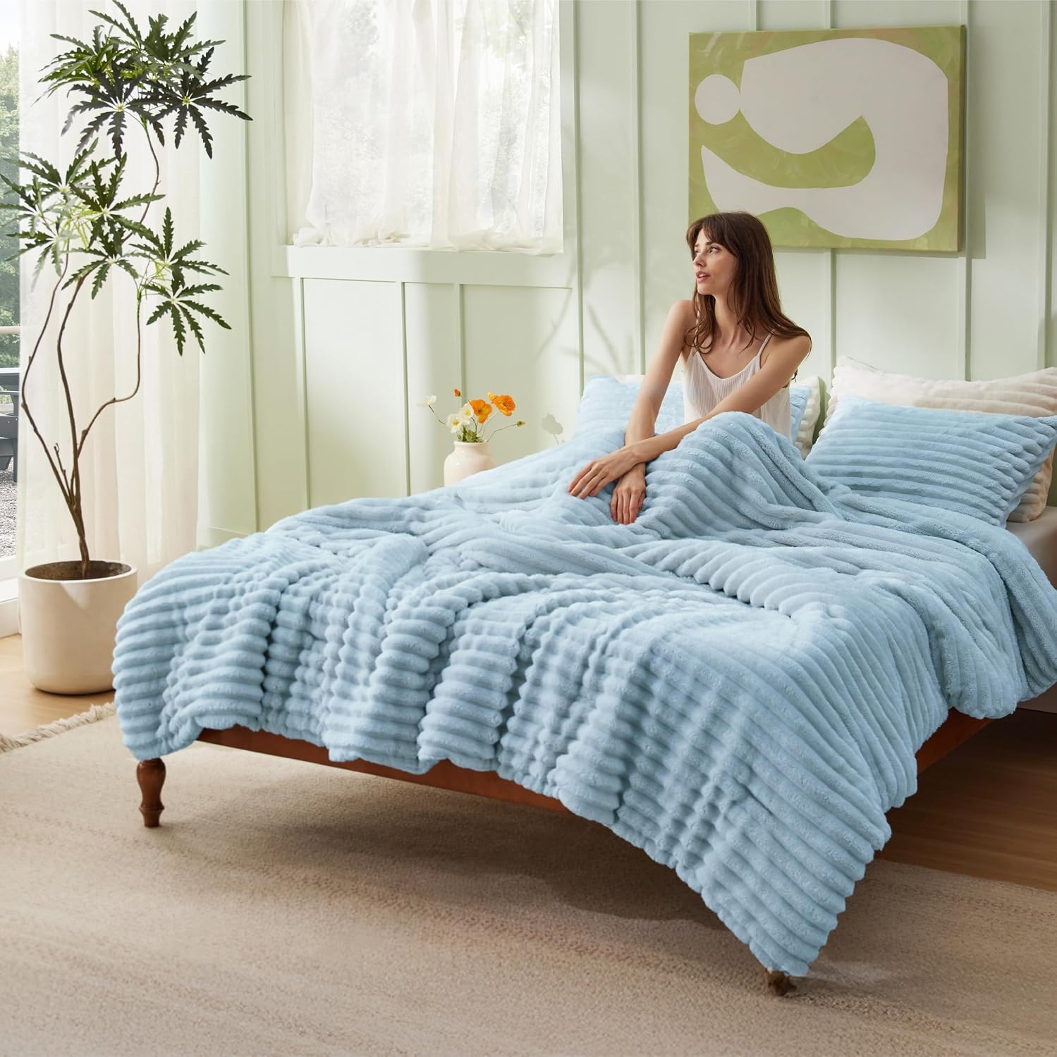 image:imageBedsure Queen Fluffy Comforter Set GentleSoft 3 Pieces Luxury Fleece Bed Olive Green Bedding Cozy Room Decor Aesthetic 1 Queen Bed Comforter 90x90 and 2 Pillowcases 20x2613 Light Blue
