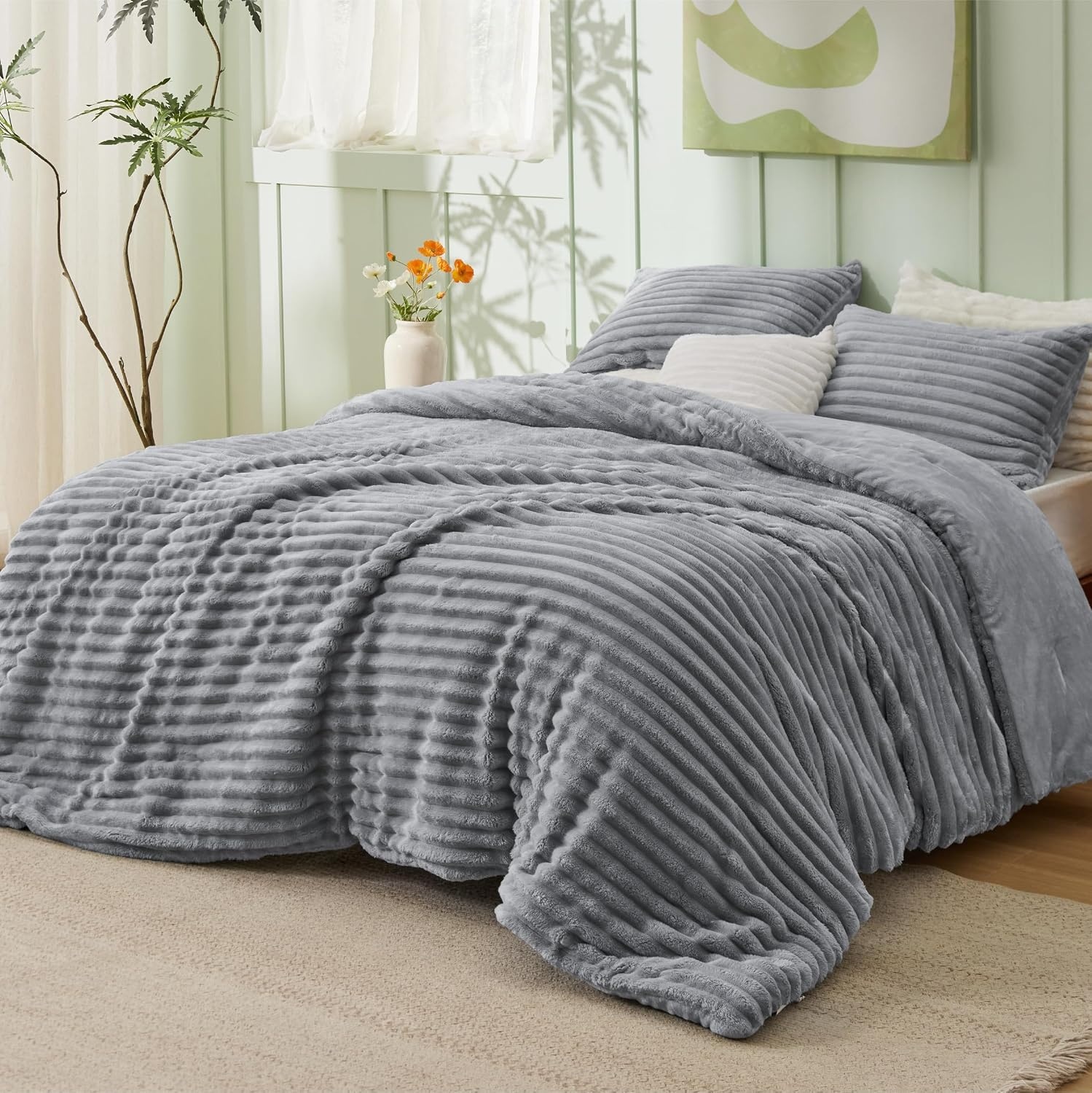 image:imageBedsure Queen Fluffy Comforter Set GentleSoft 3 Pieces Luxury Fleece Bed Olive Green Bedding Cozy Room Decor Aesthetic 1 Queen Bed Comforter 90x90 and 2 Pillowcases 20x2604 Grey