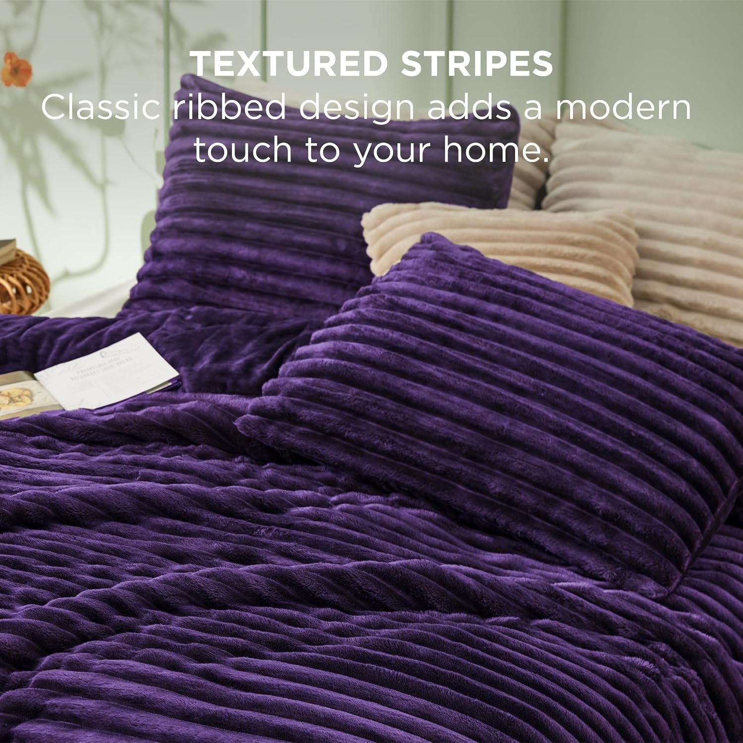 image:imageBedsure Queen Fluffy Comforter Set GentleSoft 3 Pieces Luxury Fleece Bed Olive Green Bedding Cozy Room Decor Aesthetic 1 Queen Bed Comforter 90x90 and 2 Pillowcases 20x2611 Purple
