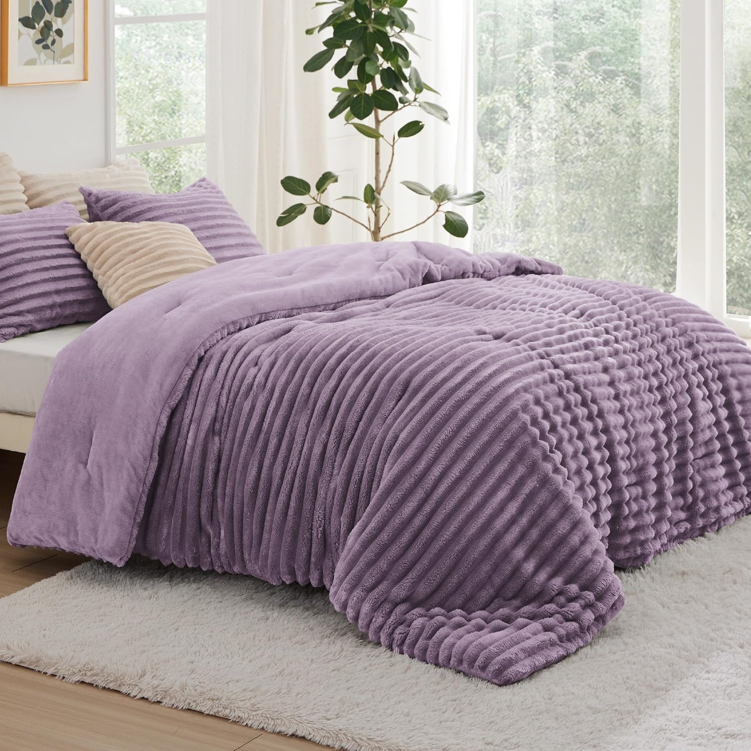 image:imageBedsure Queen Fluffy Comforter Set GentleSoft 3 Pieces Luxury Fleece Bed Olive Green Bedding Cozy Room Decor Aesthetic 1 Queen Bed Comforter 90x90 and 2 Pillowcases 20x2610 Lavender