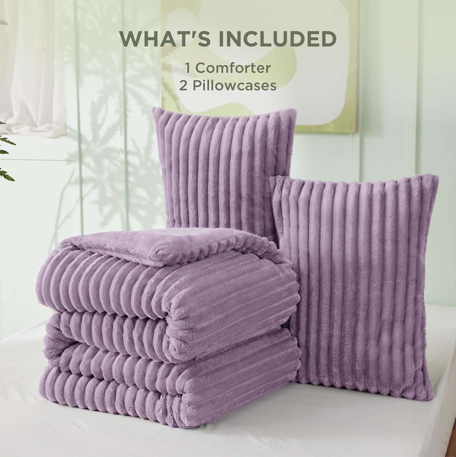 image:imageBedsure Queen Fluffy Comforter Set GentleSoft 3 Pieces Luxury Fleece Bed Olive Green Bedding Cozy Room Decor Aesthetic 1 Queen Bed Comforter 90x90 and 2 Pillowcases 20x2610 Lavender