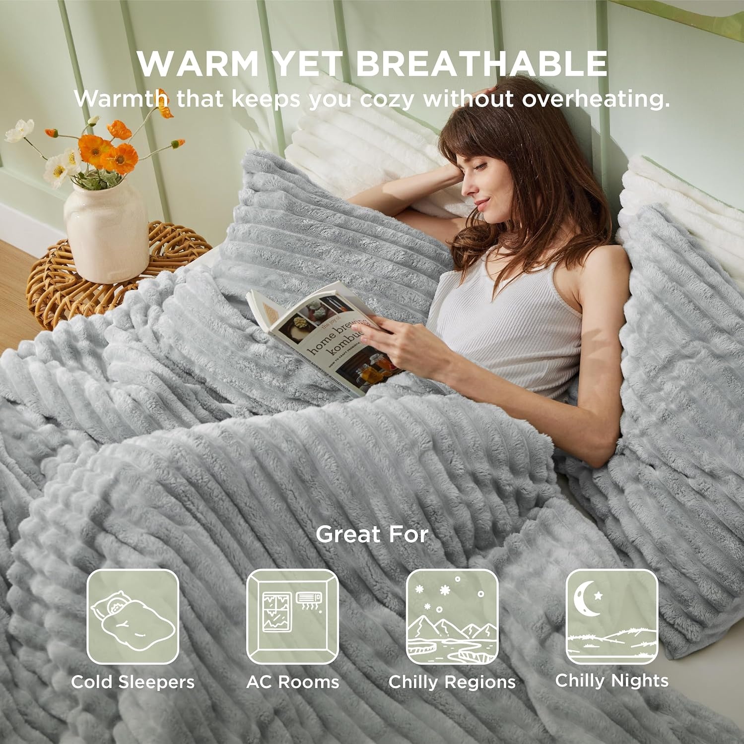 image:imageBedsure Queen Fluffy Comforter Set GentleSoft 3 Pieces Luxury Fleece Bed Olive Green Bedding Cozy Room Decor Aesthetic 1 Queen Bed Comforter 90x90 and 2 Pillowcases 20x2606 Light Grey