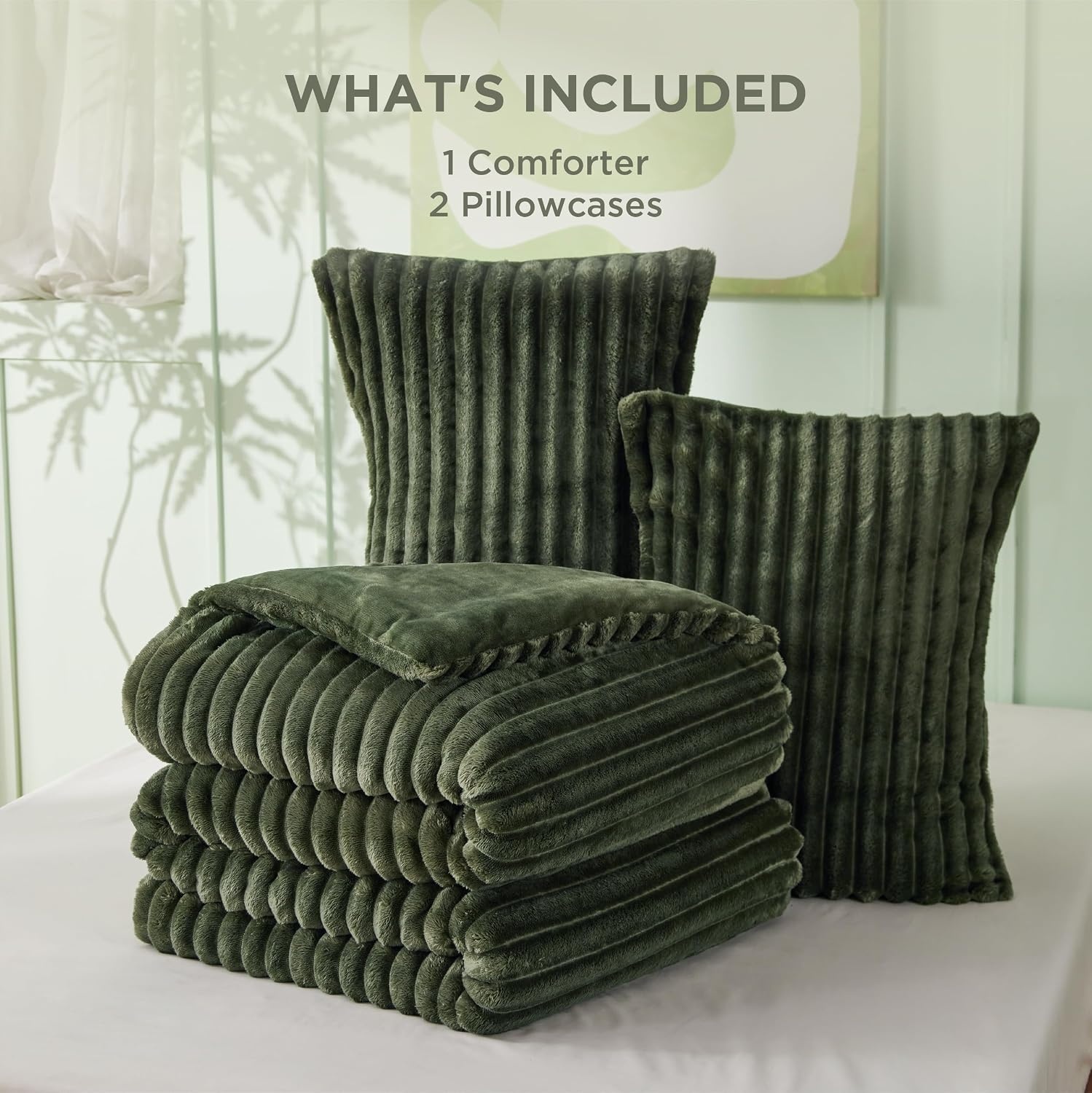image:imageBedsure Queen Fluffy Comforter Set GentleSoft 3 Pieces Luxury Fleece Bed Olive Green Bedding Cozy Room Decor Aesthetic 1 Queen Bed Comforter 90x90 and 2 Pillowcases 20x2616 Olive Green
