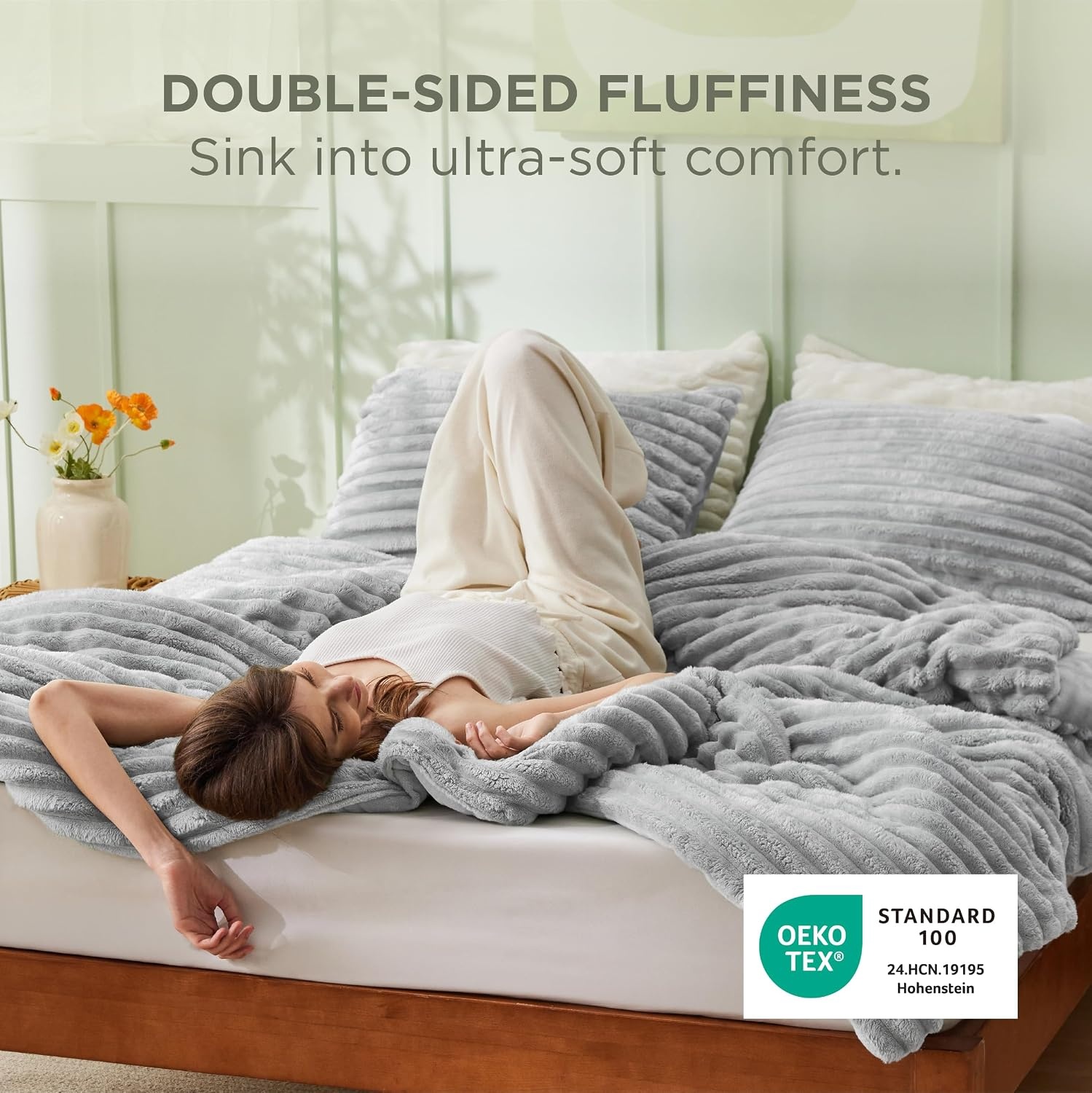 image:imageBedsure Queen Fluffy Comforter Set GentleSoft 3 Pieces Luxury Fleece Bed Olive Green Bedding Cozy Room Decor Aesthetic 1 Queen Bed Comforter 90x90 and 2 Pillowcases 20x2606 Light Grey