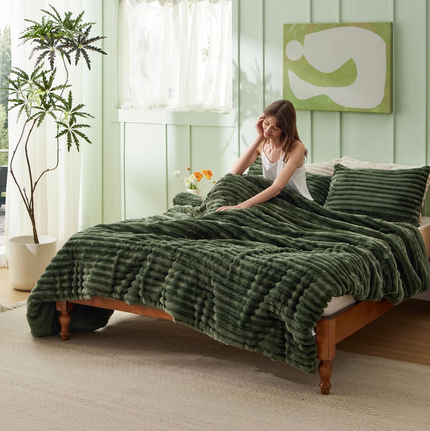 image:imageBedsure Queen Fluffy Comforter Set GentleSoft 3 Pieces Luxury Fleece Bed Olive Green Bedding Cozy Room Decor Aesthetic 1 Queen Bed Comforter 90x90 and 2 Pillowcases 20x2616 Olive Green