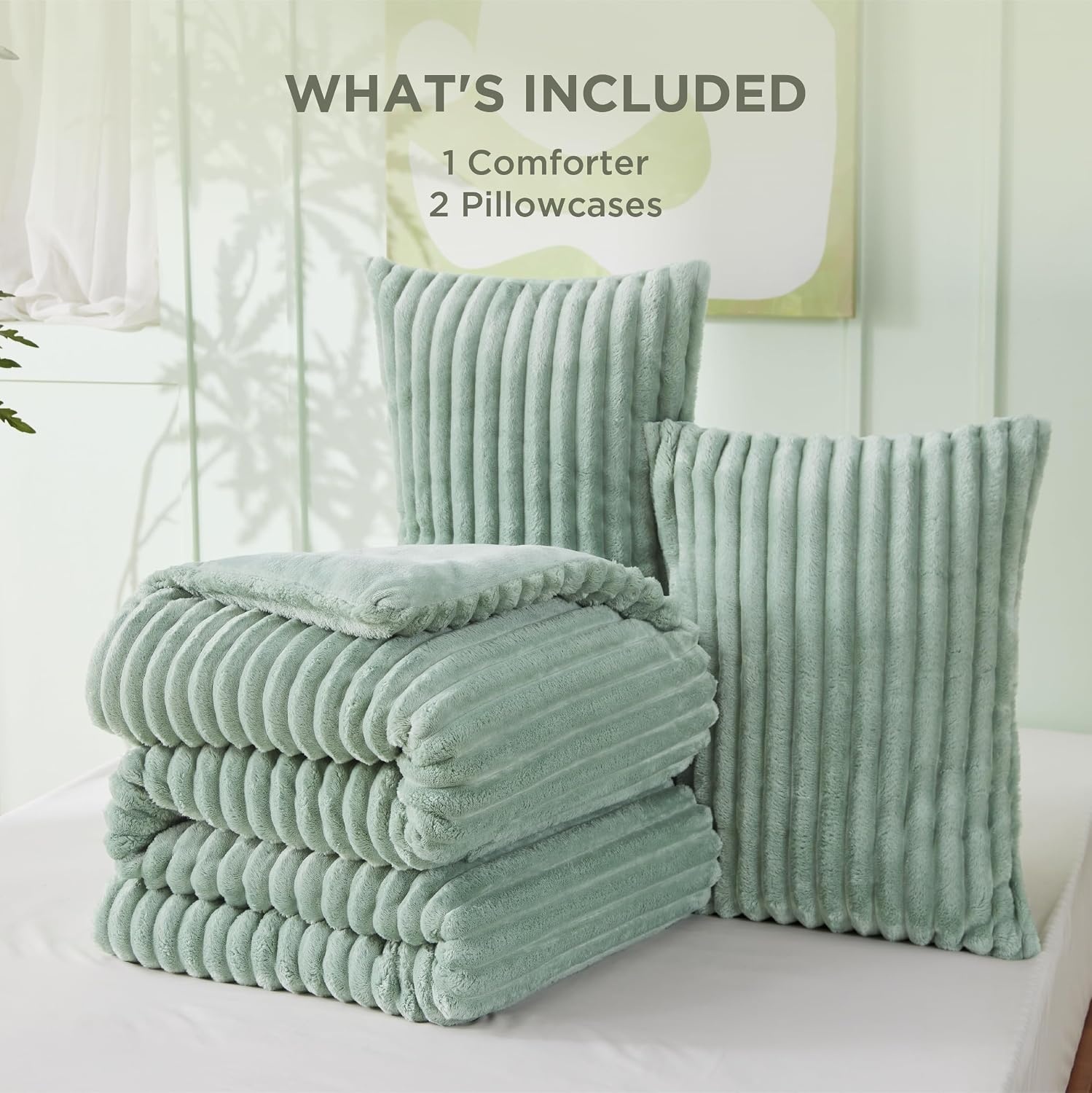 image:imageBedsure Queen Fluffy Comforter Set GentleSoft 3 Pieces Luxury Fleece Bed Olive Green Bedding Cozy Room Decor Aesthetic 1 Queen Bed Comforter 90x90 and 2 Pillowcases 20x2608 Sage Green