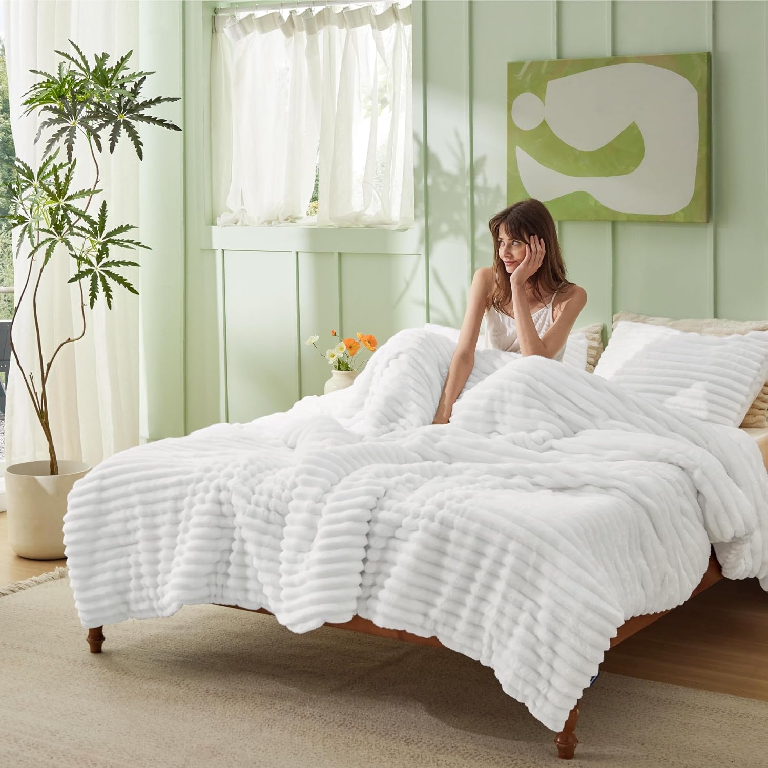 image:imageBedsure Queen Fluffy Comforter Set GentleSoft 3 Pieces Luxury Fleece Bed Olive Green Bedding Cozy Room Decor Aesthetic 1 Queen Bed Comforter 90x90 and 2 Pillowcases 20x2605 Bright White