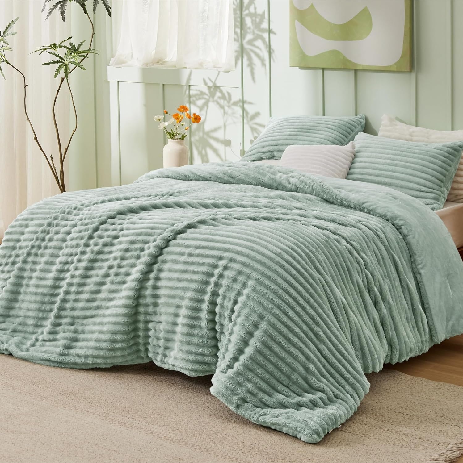 image:imageBedsure Queen Fluffy Comforter Set GentleSoft 3 Pieces Luxury Fleece Bed Olive Green Bedding Cozy Room Decor Aesthetic 1 Queen Bed Comforter 90x90 and 2 Pillowcases 20x2608 Sage Green