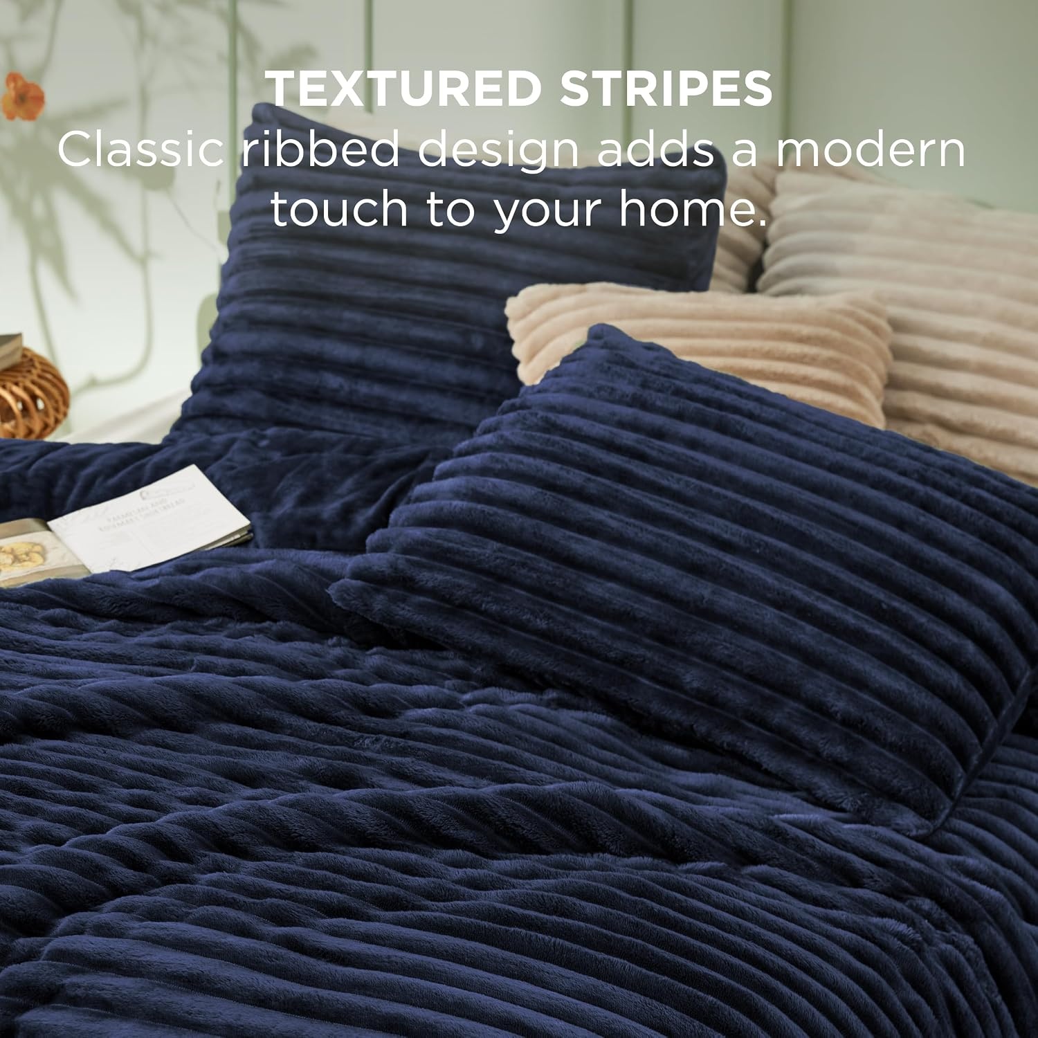 image:imageBedsure Queen Fluffy Comforter Set GentleSoft 3 Pieces Luxury Fleece Bed Olive Green Bedding Cozy Room Decor Aesthetic 1 Queen Bed Comforter 90x90 and 2 Pillowcases 20x2612 Navy