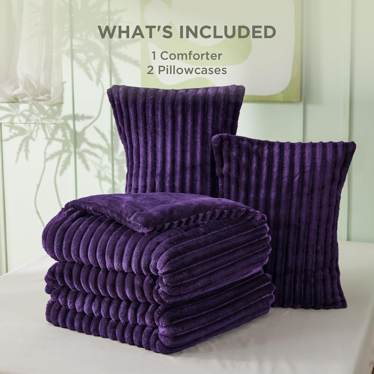 image:imageBedsure Queen Fluffy Comforter Set GentleSoft 3 Pieces Luxury Fleece Bed Olive Green Bedding Cozy Room Decor Aesthetic 1 Queen Bed Comforter 90x90 and 2 Pillowcases 20x2611 Purple