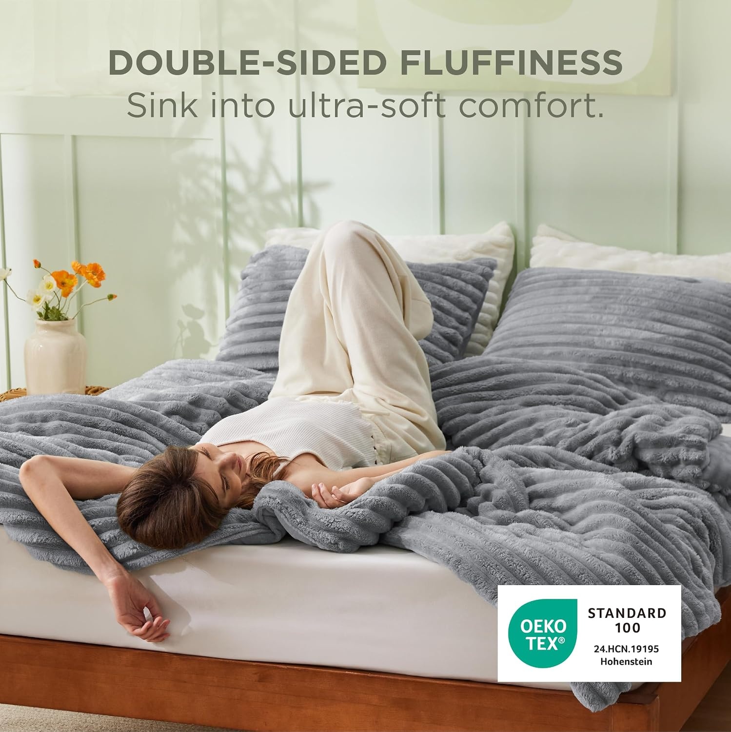image:imageBedsure Queen Fluffy Comforter Set GentleSoft 3 Pieces Luxury Fleece Bed Olive Green Bedding Cozy Room Decor Aesthetic 1 Queen Bed Comforter 90x90 and 2 Pillowcases 20x2604 Grey