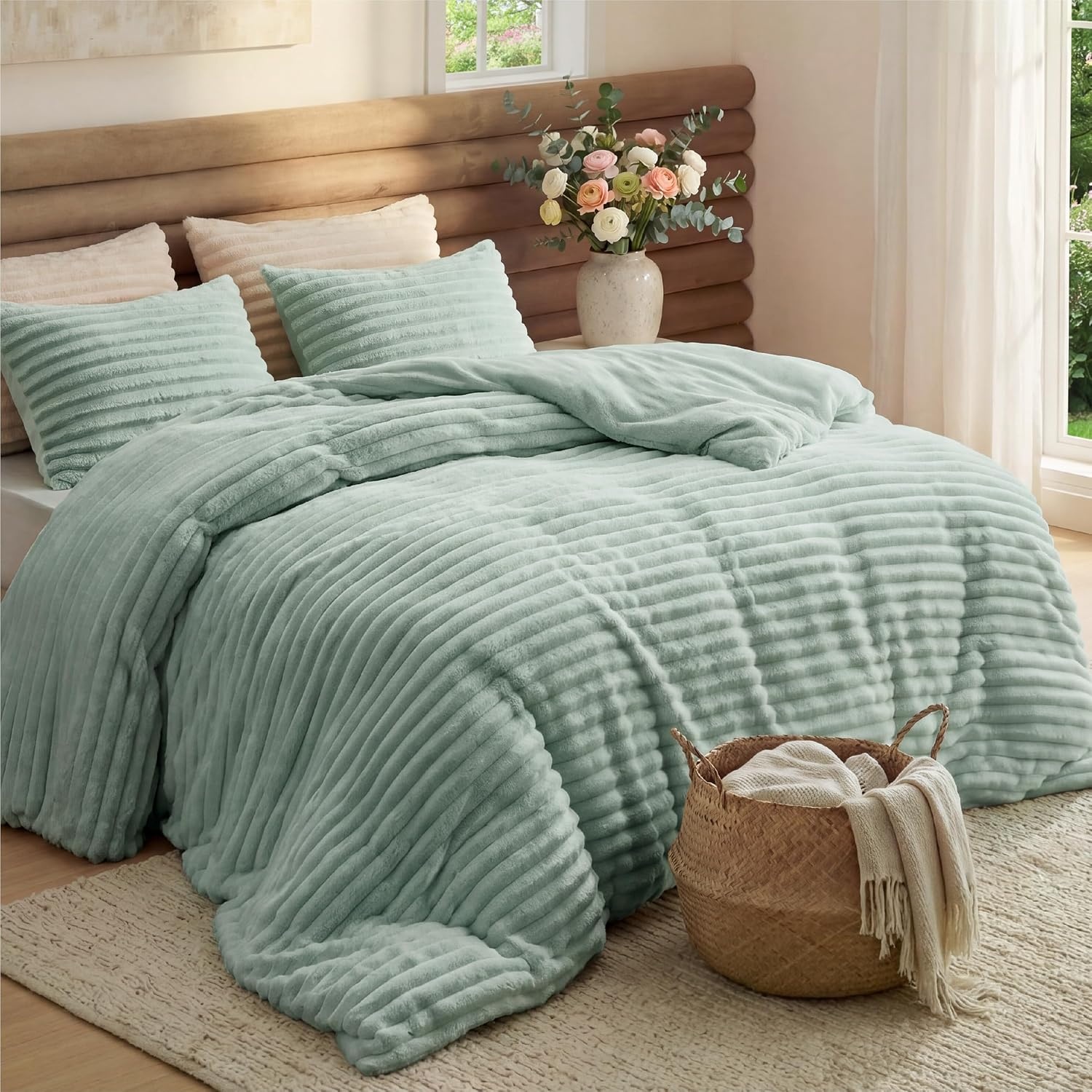 image:imageBedsure Queen Fluffy Comforter Set GentleSoft 3 Pieces Luxury Fleece Bed Olive Green Bedding Cozy Room Decor Aesthetic 1 Queen Bed Comforter 90x90 and 2 Pillowcases 20x2608 Sage Green