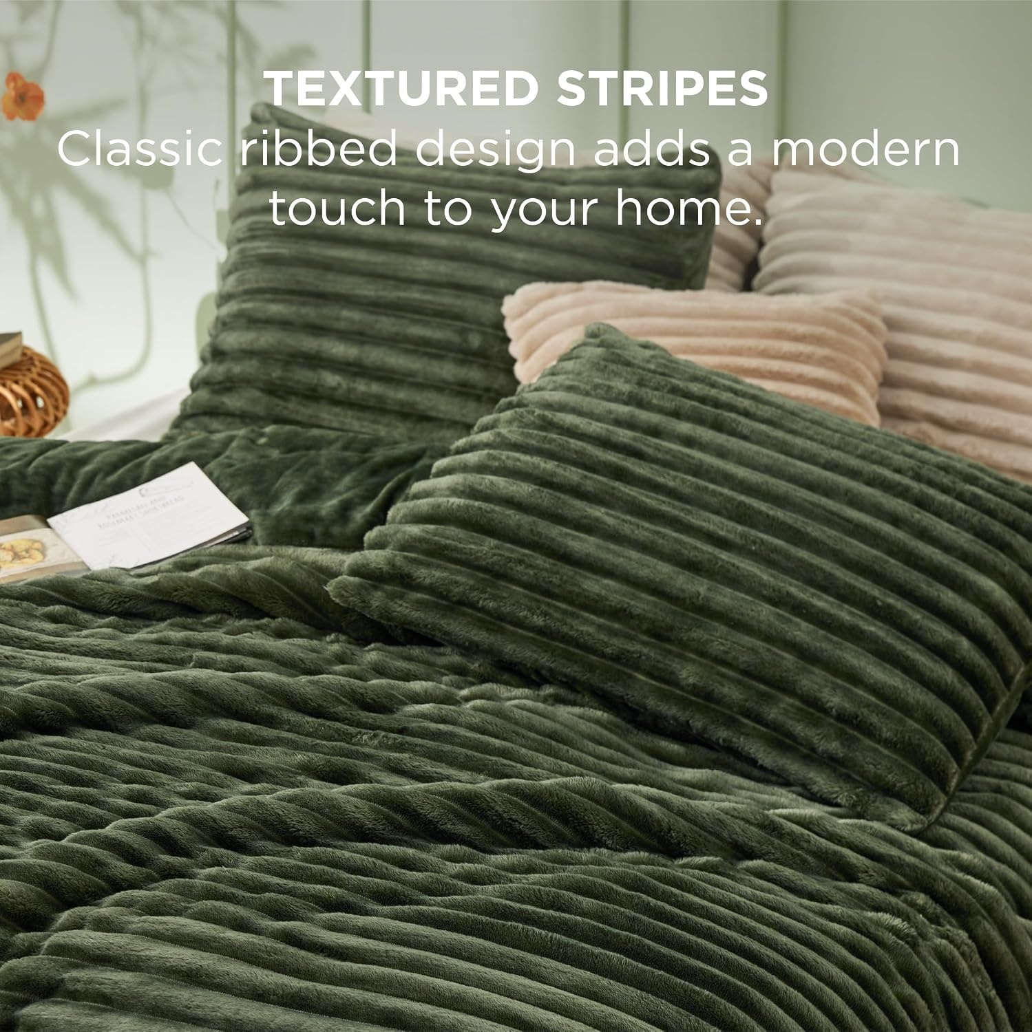 image:imageBedsure Queen Fluffy Comforter Set GentleSoft 3 Pieces Luxury Fleece Bed Olive Green Bedding Cozy Room Decor Aesthetic 1 Queen Bed Comforter 90x90 and 2 Pillowcases 20x2616 Olive Green