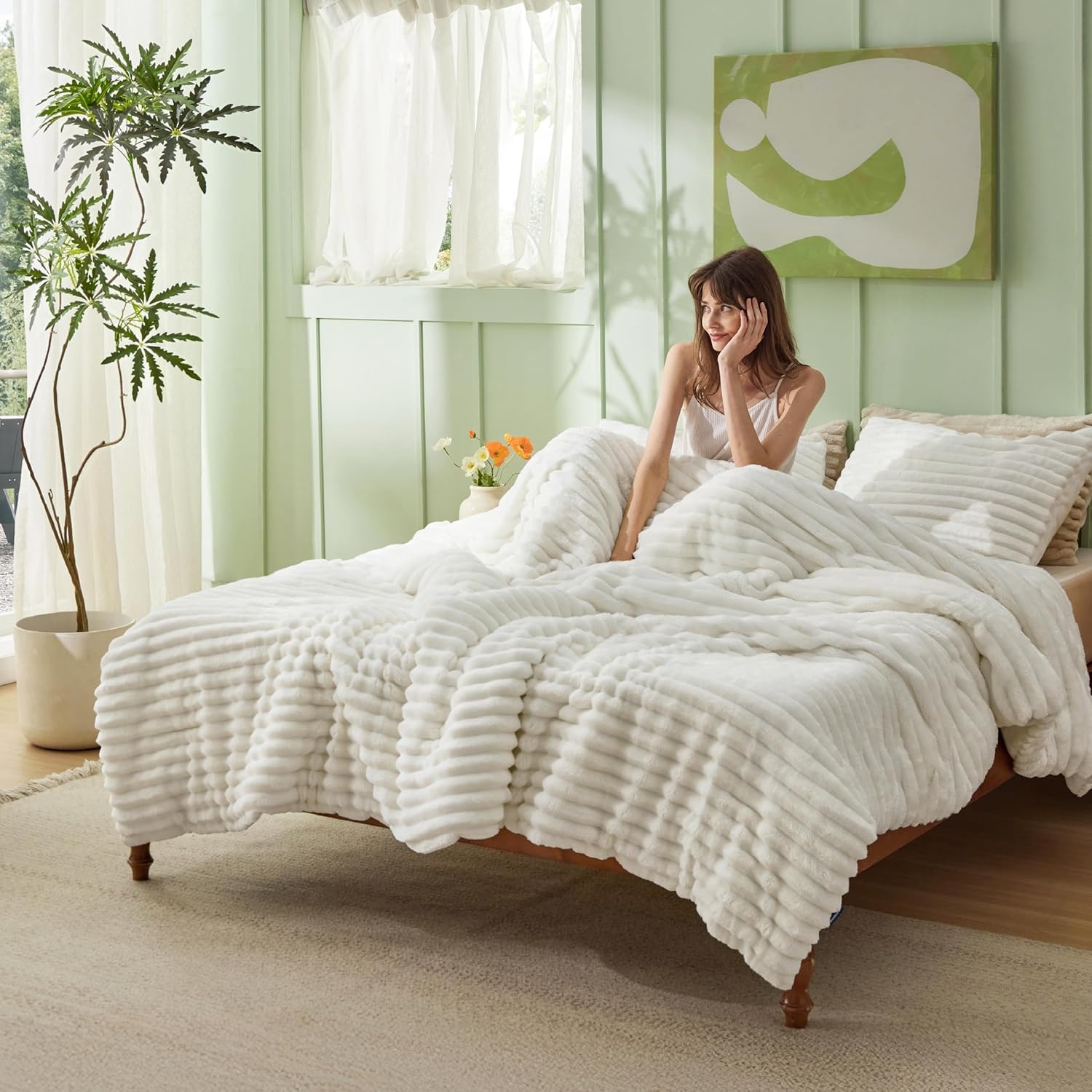 image:imageBedsure Queen Fluffy Comforter Set GentleSoft 3 Pieces Luxury Fleece Bed Olive Green Bedding Cozy Room Decor Aesthetic 1 Queen Bed Comforter 90x90 and 2 Pillowcases 20x2601 Cream White