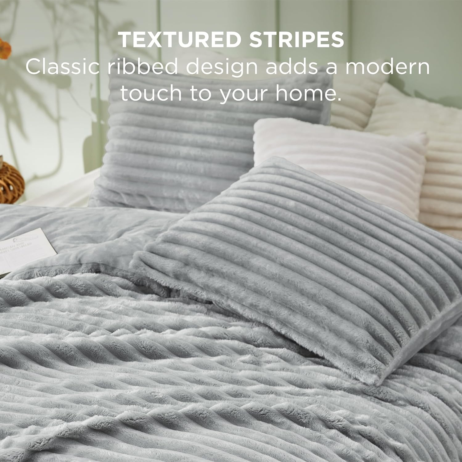 image:imageBedsure Queen Fluffy Comforter Set GentleSoft 3 Pieces Luxury Fleece Bed Olive Green Bedding Cozy Room Decor Aesthetic 1 Queen Bed Comforter 90x90 and 2 Pillowcases 20x2606 Light Grey