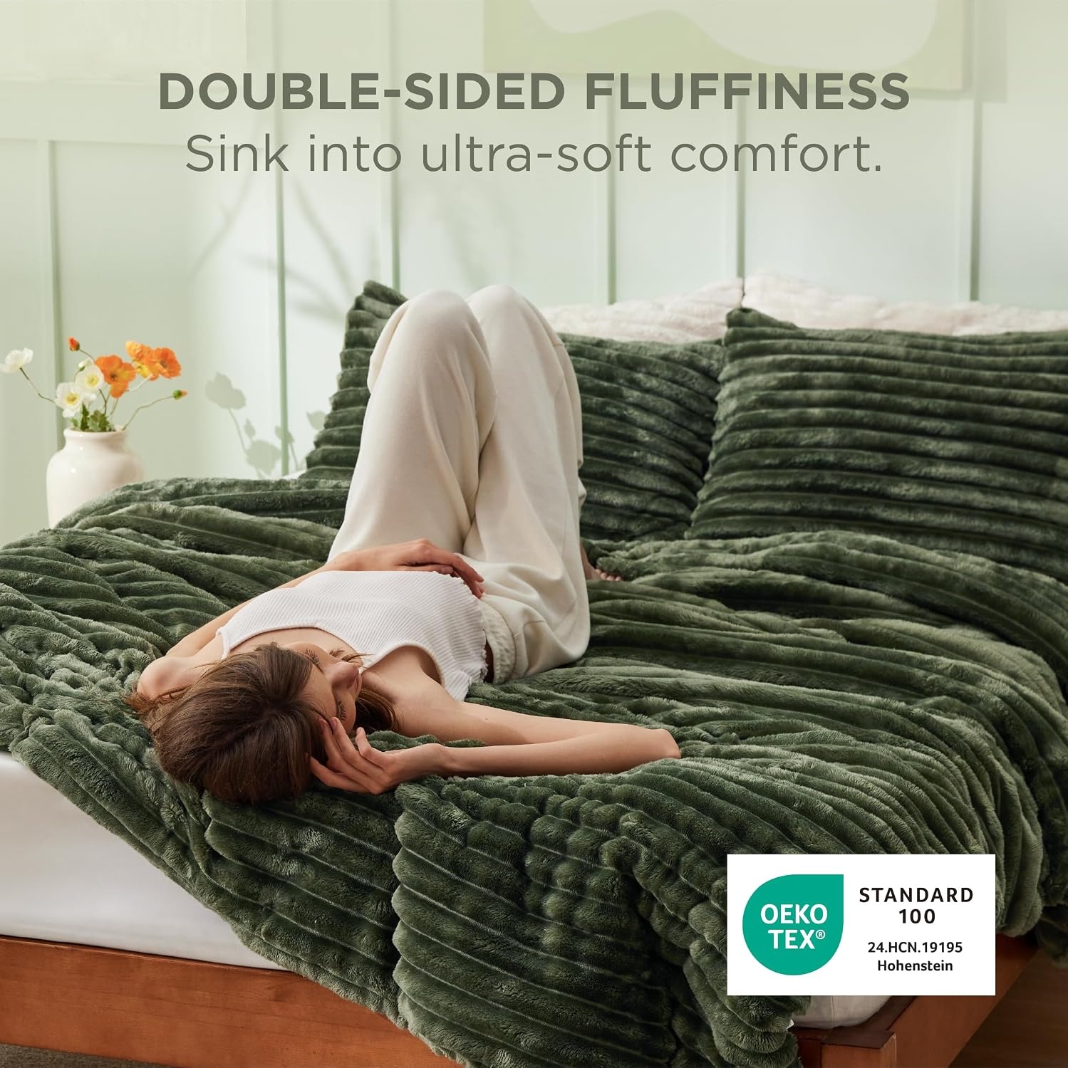 image:imageBedsure Queen Fluffy Comforter Set GentleSoft 3 Pieces Luxury Fleece Bed Olive Green Bedding Cozy Room Decor Aesthetic 1 Queen Bed Comforter 90x90 and 2 Pillowcases 20x2616 Olive Green