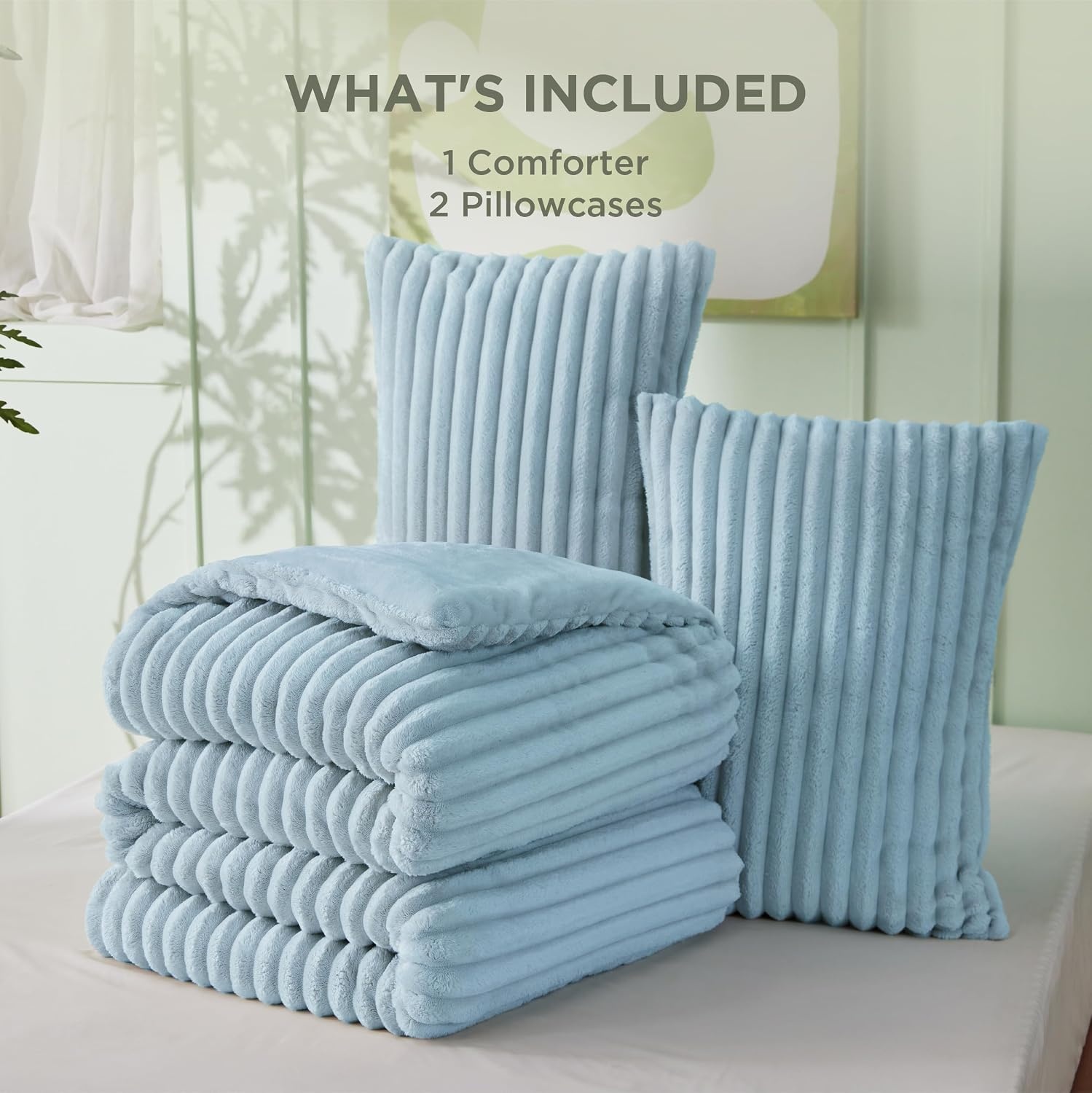 image:imageBedsure Queen Fluffy Comforter Set GentleSoft 3 Pieces Luxury Fleece Bed Olive Green Bedding Cozy Room Decor Aesthetic 1 Queen Bed Comforter 90x90 and 2 Pillowcases 20x2613 Light Blue
