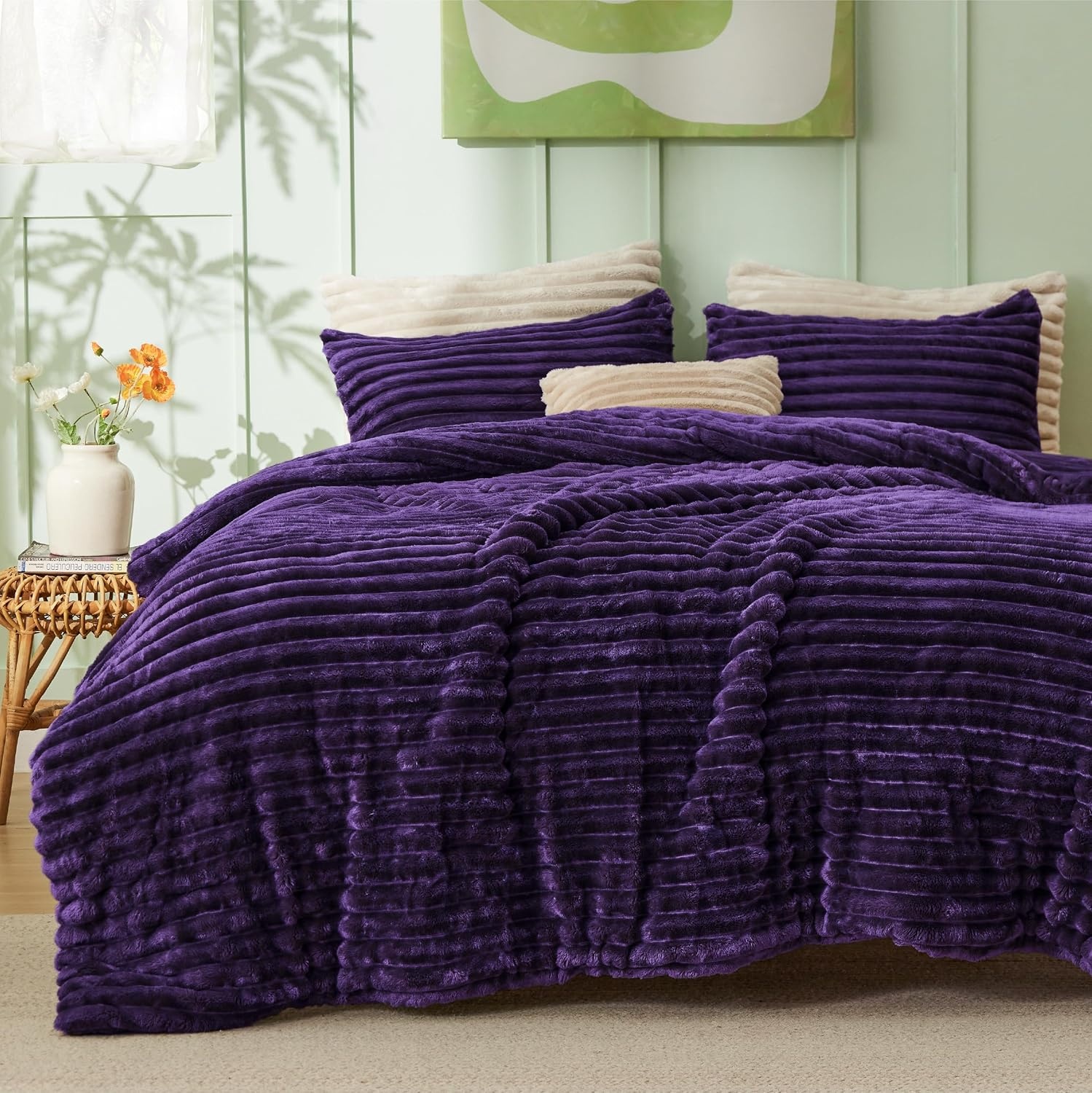 image:imageBedsure Queen Fluffy Comforter Set GentleSoft 3 Pieces Luxury Fleece Bed Olive Green Bedding Cozy Room Decor Aesthetic 1 Queen Bed Comforter 90x90 and 2 Pillowcases 20x2611 Purple