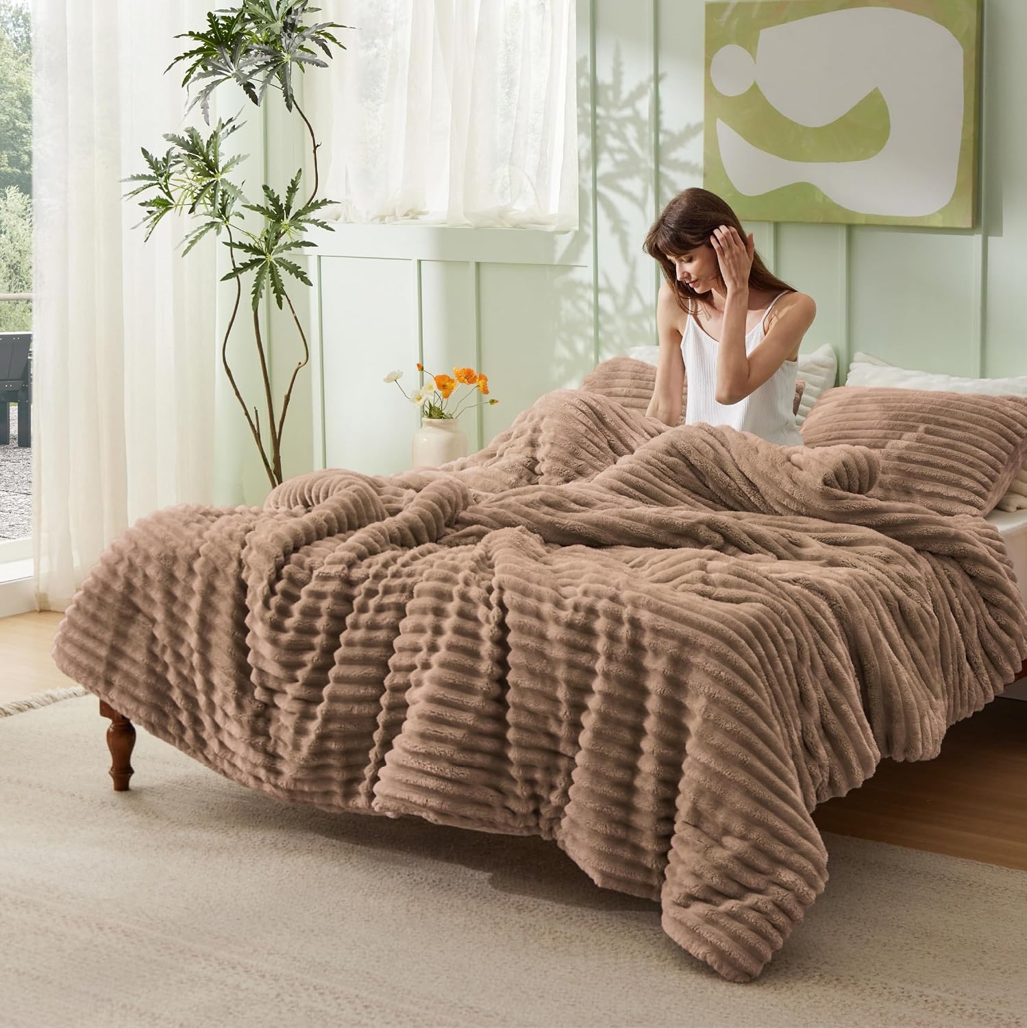 image:imageBedsure Queen Fluffy Comforter Set GentleSoft 3 Pieces Luxury Fleece Bed Olive Green Bedding Cozy Room Decor Aesthetic 1 Queen Bed Comforter 90x90 and 2 Pillowcases 20x2609 Warm Taupe