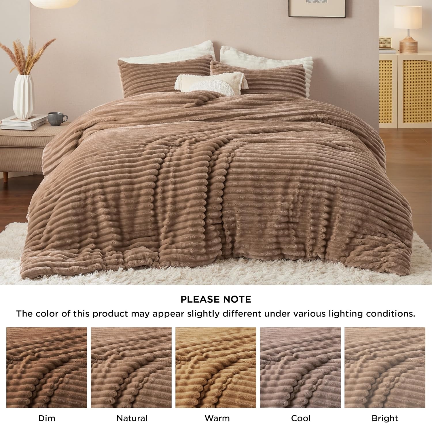 image:imageBedsure Queen Fluffy Comforter Set GentleSoft 3 Pieces Luxury Fleece Bed Olive Green Bedding Cozy Room Decor Aesthetic 1 Queen Bed Comforter 90x90 and 2 Pillowcases 20x2609 Warm Taupe