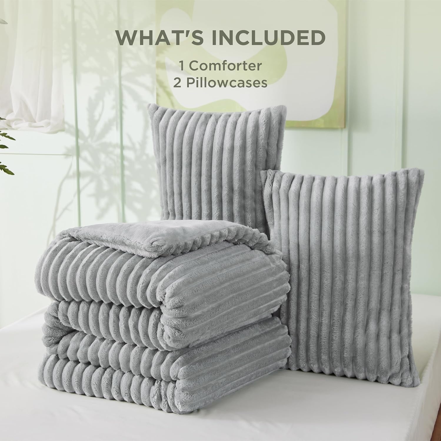 image:imageBedsure Queen Fluffy Comforter Set GentleSoft 3 Pieces Luxury Fleece Bed Olive Green Bedding Cozy Room Decor Aesthetic 1 Queen Bed Comforter 90x90 and 2 Pillowcases 20x2606 Light Grey