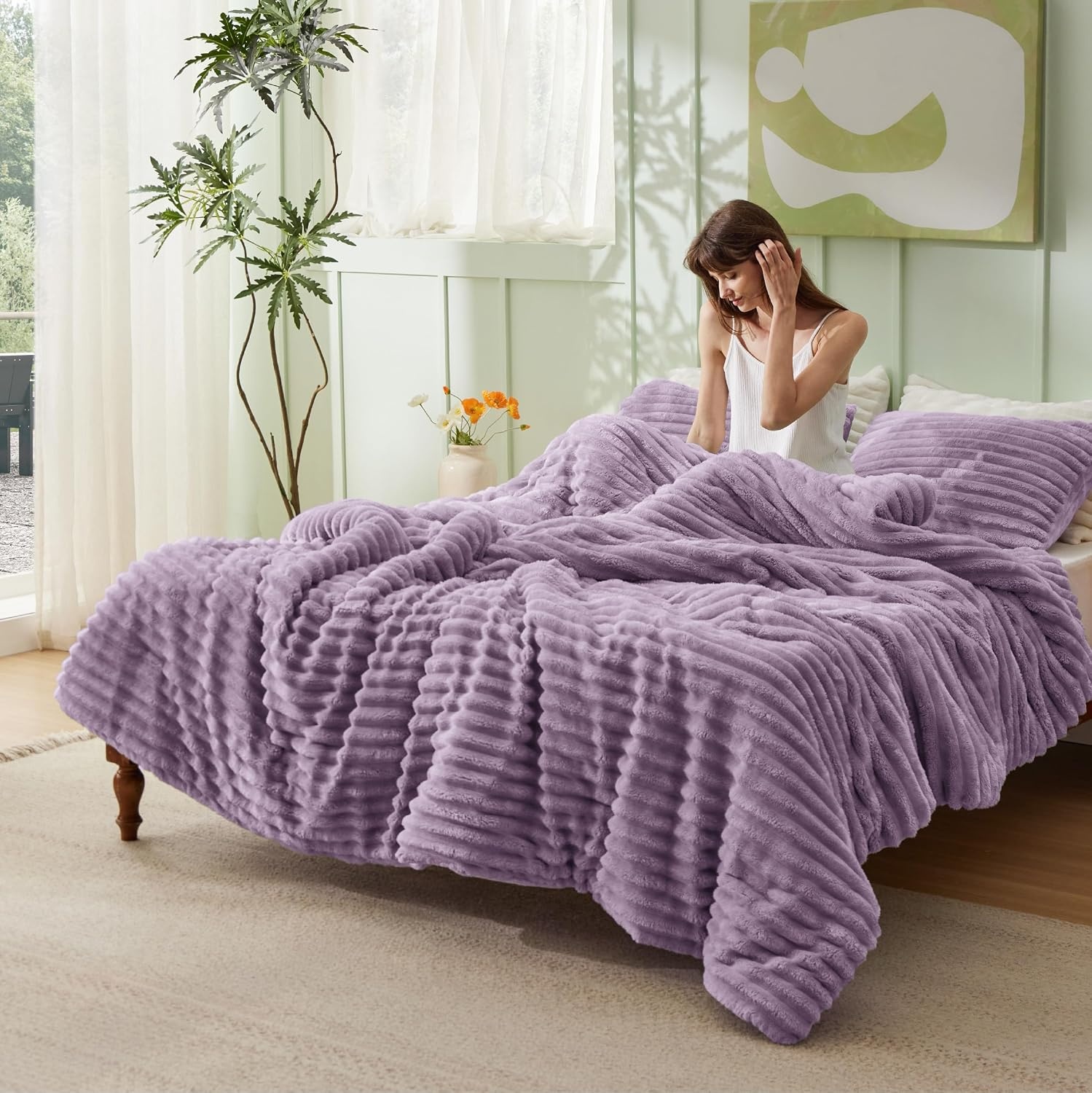 image:imageBedsure Queen Fluffy Comforter Set GentleSoft 3 Pieces Luxury Fleece Bed Olive Green Bedding Cozy Room Decor Aesthetic 1 Queen Bed Comforter 90x90 and 2 Pillowcases 20x2610 Lavender