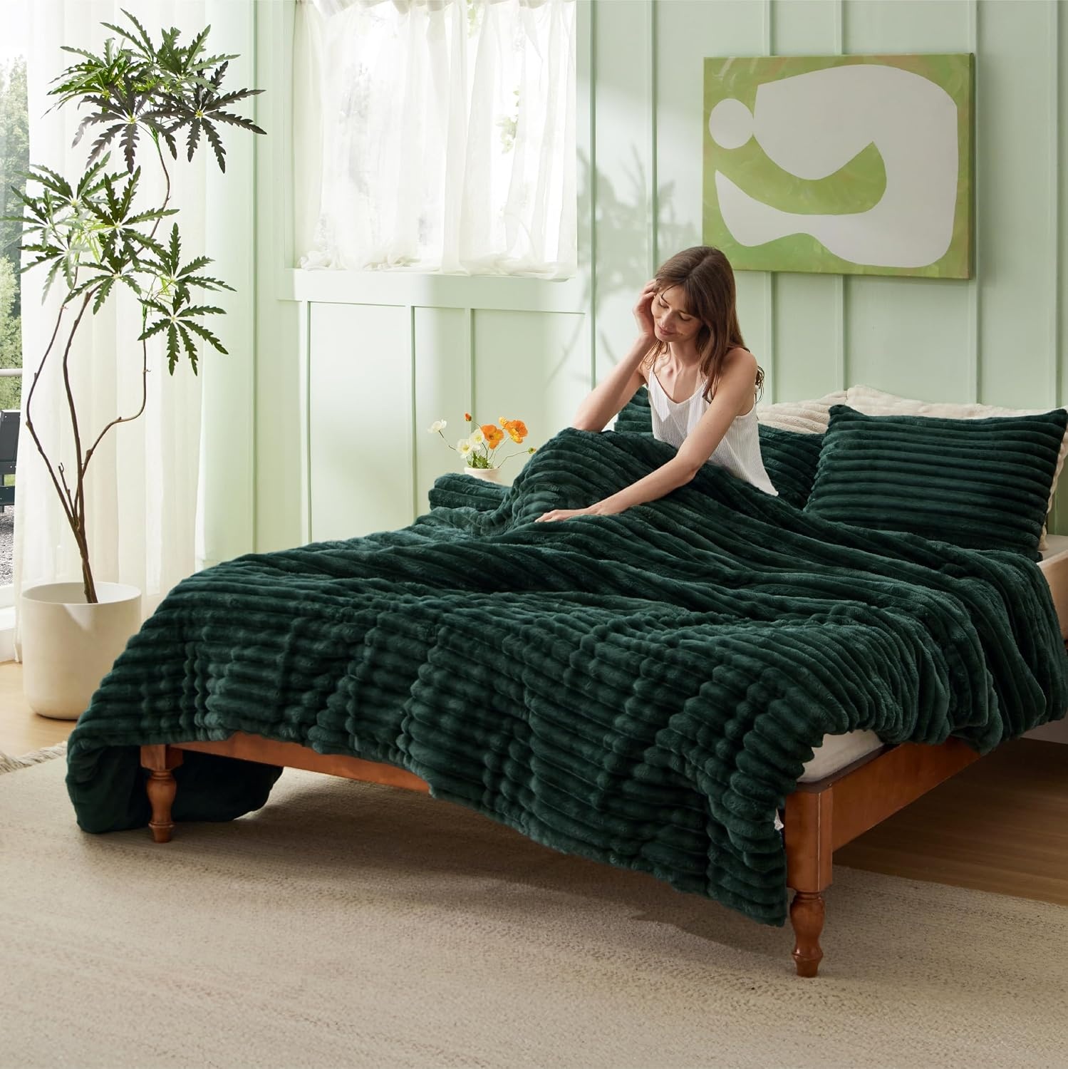 image:imageBedsure Queen Fluffy Comforter Set GentleSoft 3 Pieces Luxury Fleece Bed Olive Green Bedding Cozy Room Decor Aesthetic 1 Queen Bed Comforter 90x90 and 2 Pillowcases 20x2607 Emerald