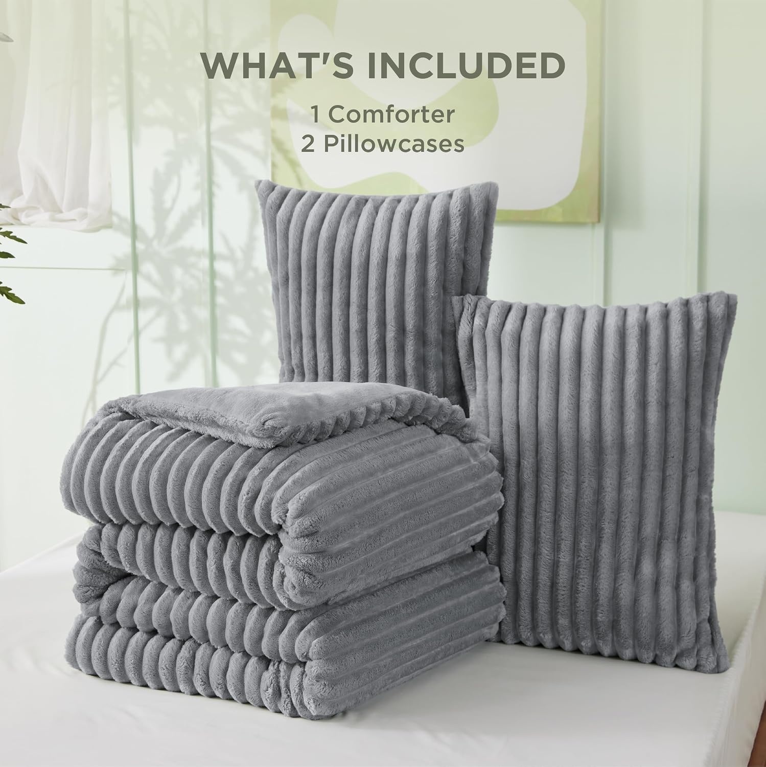 image:imageBedsure Queen Fluffy Comforter Set GentleSoft 3 Pieces Luxury Fleece Bed Olive Green Bedding Cozy Room Decor Aesthetic 1 Queen Bed Comforter 90x90 and 2 Pillowcases 20x2604 Grey